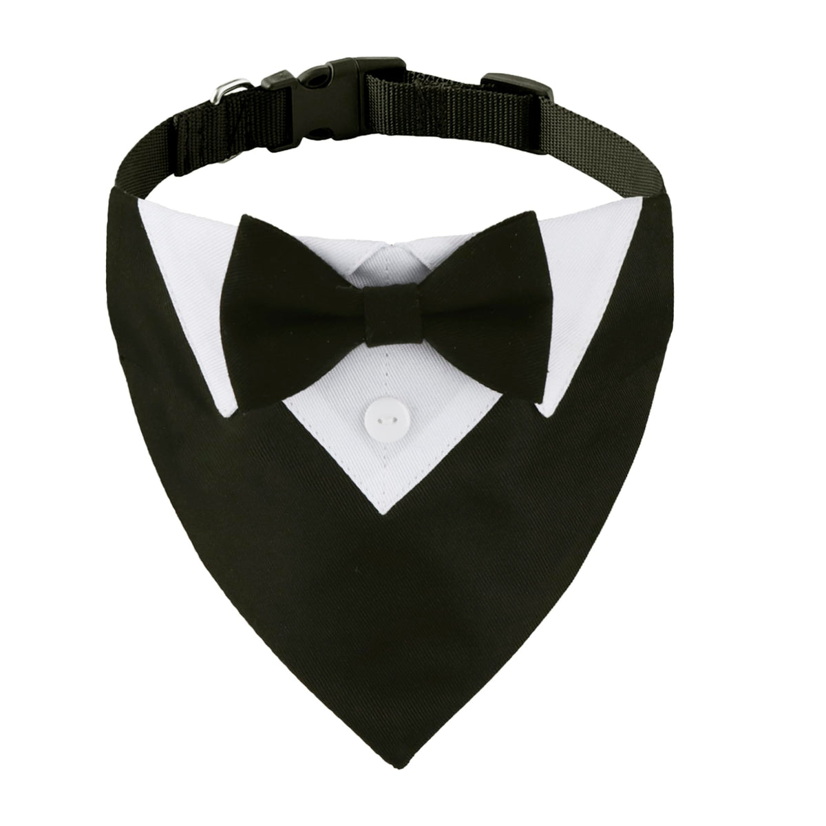 ADOGGYGO formal dog tuxedo with black bowtie on a small dog for wedding attire