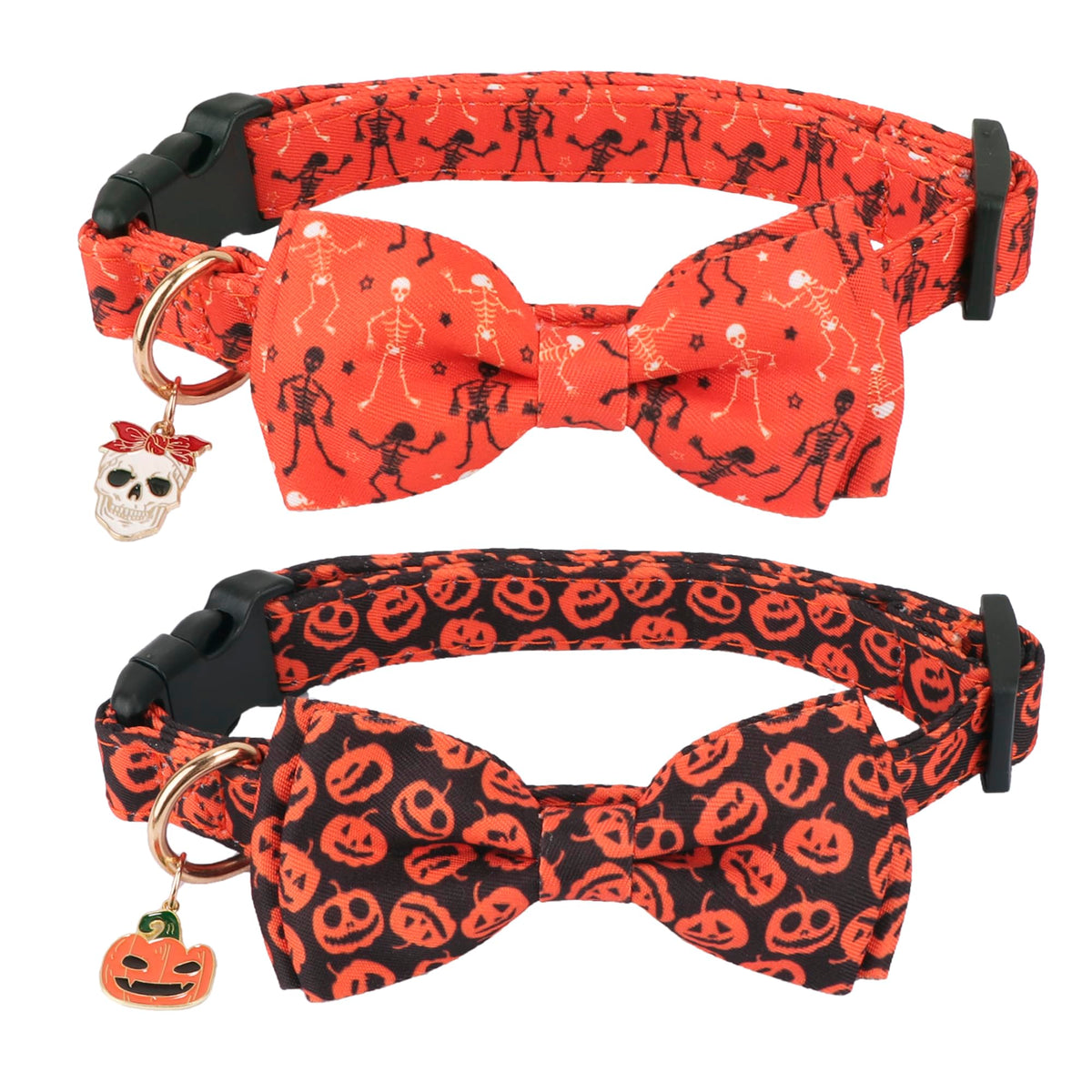ADOGGYGO Halloween pumpkin collar with bowtie, comfortable fit for festive strolls.