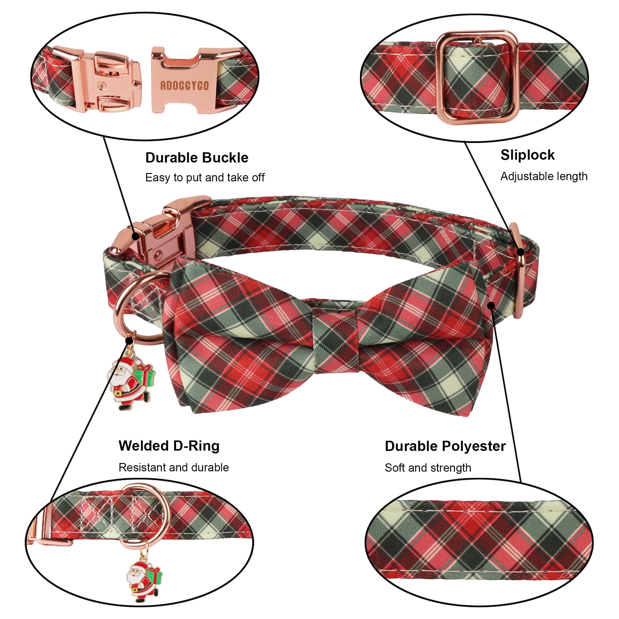 ADOGGYGO holiday-walk setup with dog posing in plaid collar for Christmas photos.