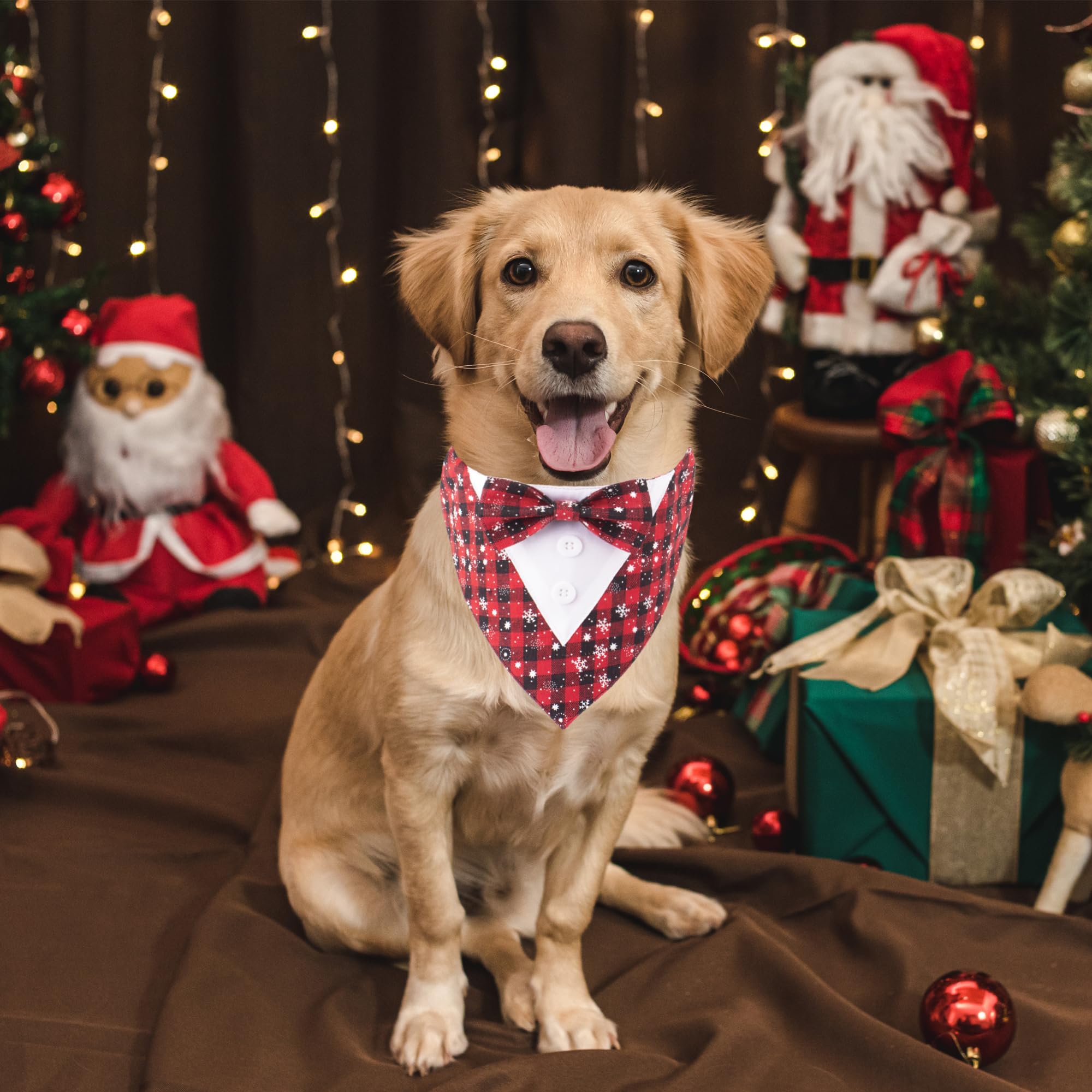 ADOGGYGO red plaid pattern dog tuxedo with snowflakes for stylish holiday look.