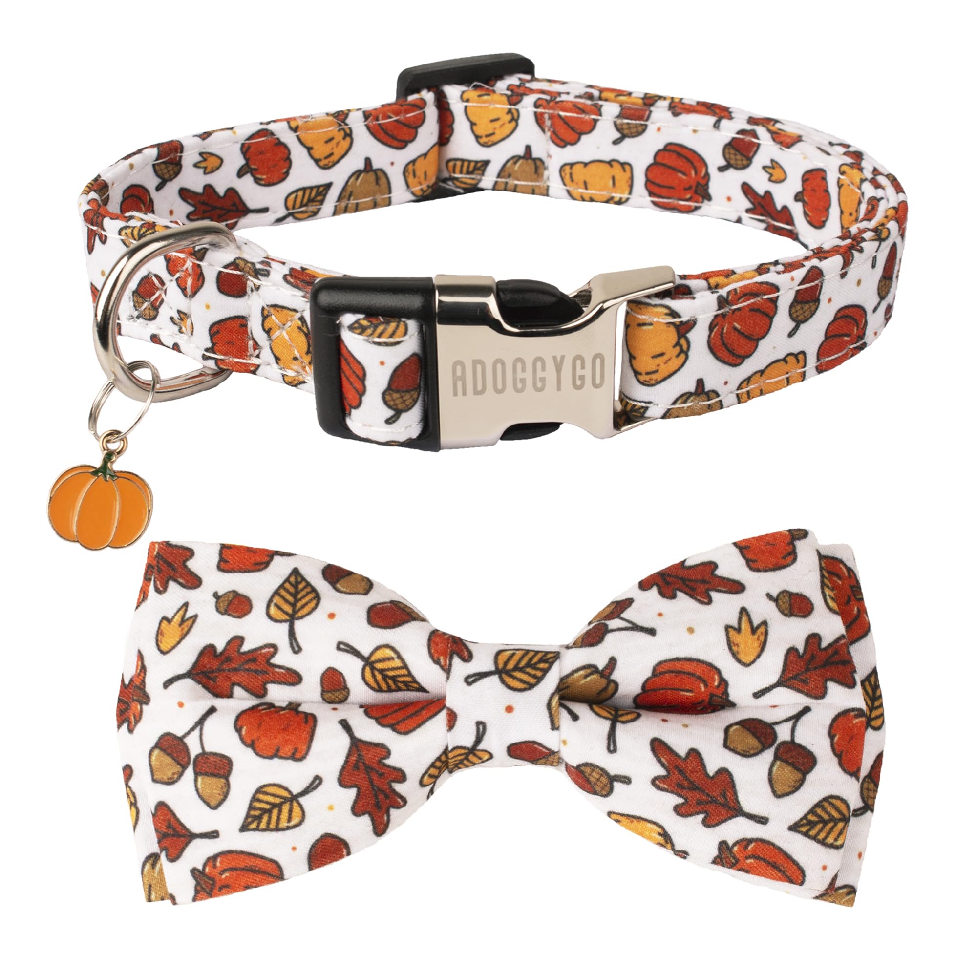 ADOGGYGO Thanksgiving dog collar with bowtie and pumpkin pattern for festive photos.