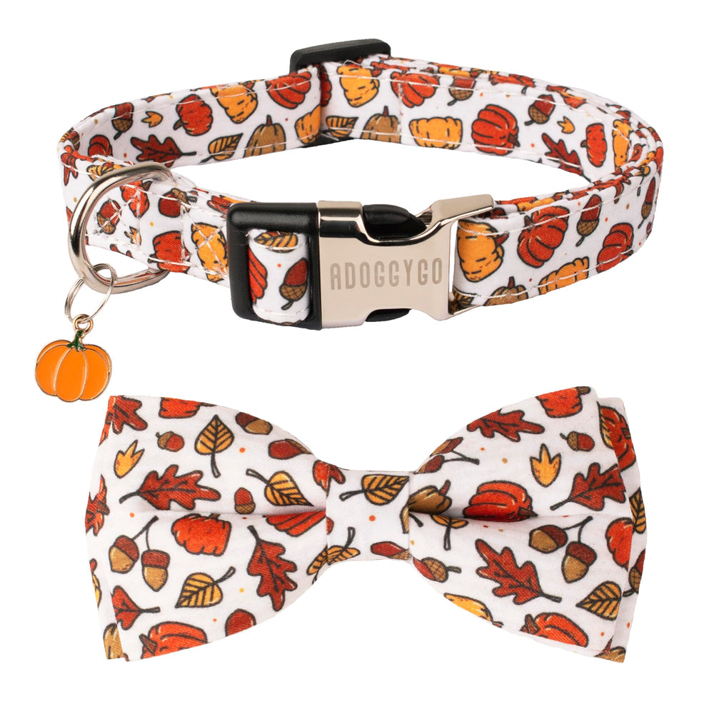 ADOGGYGO Thanksgiving dog collar with bowtie and pumpkin pattern for festive photos.