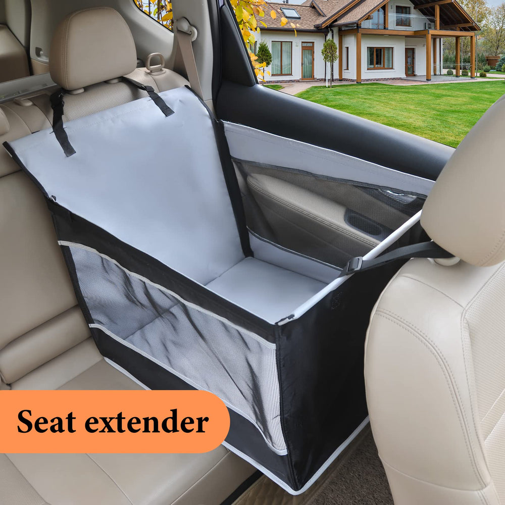 Adorepaw back seat extender side view showing expanded space for comfortable rides