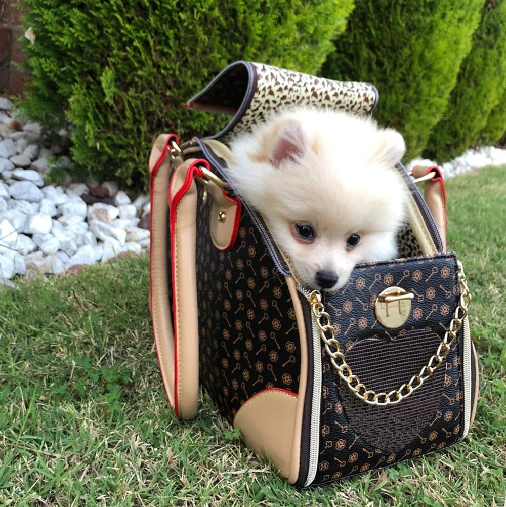 Adriene's Choice luxury pet carrier side pocket view highlights convenient storage
