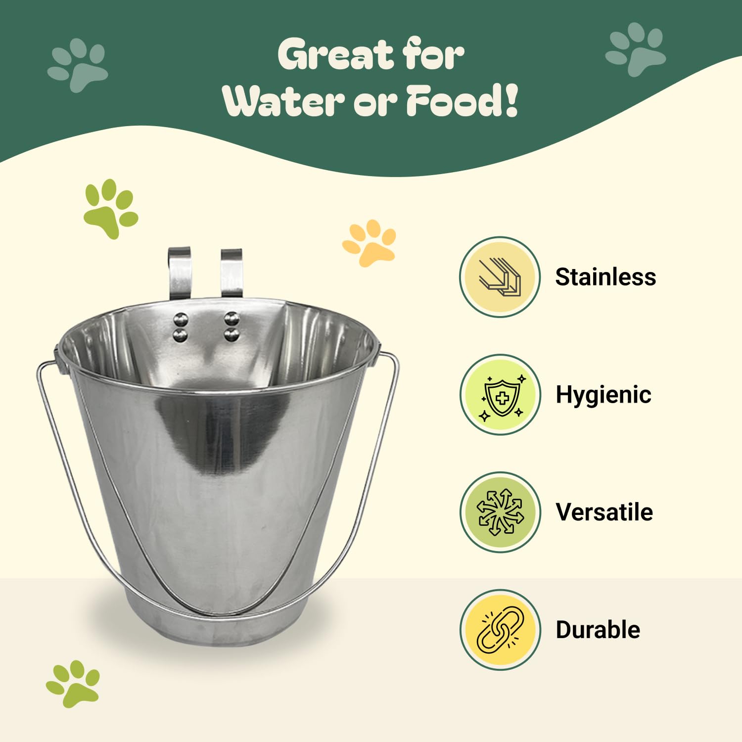 Advance Pet Products dual-hook bucket close-up highlighting easy hanging to kennels and stands