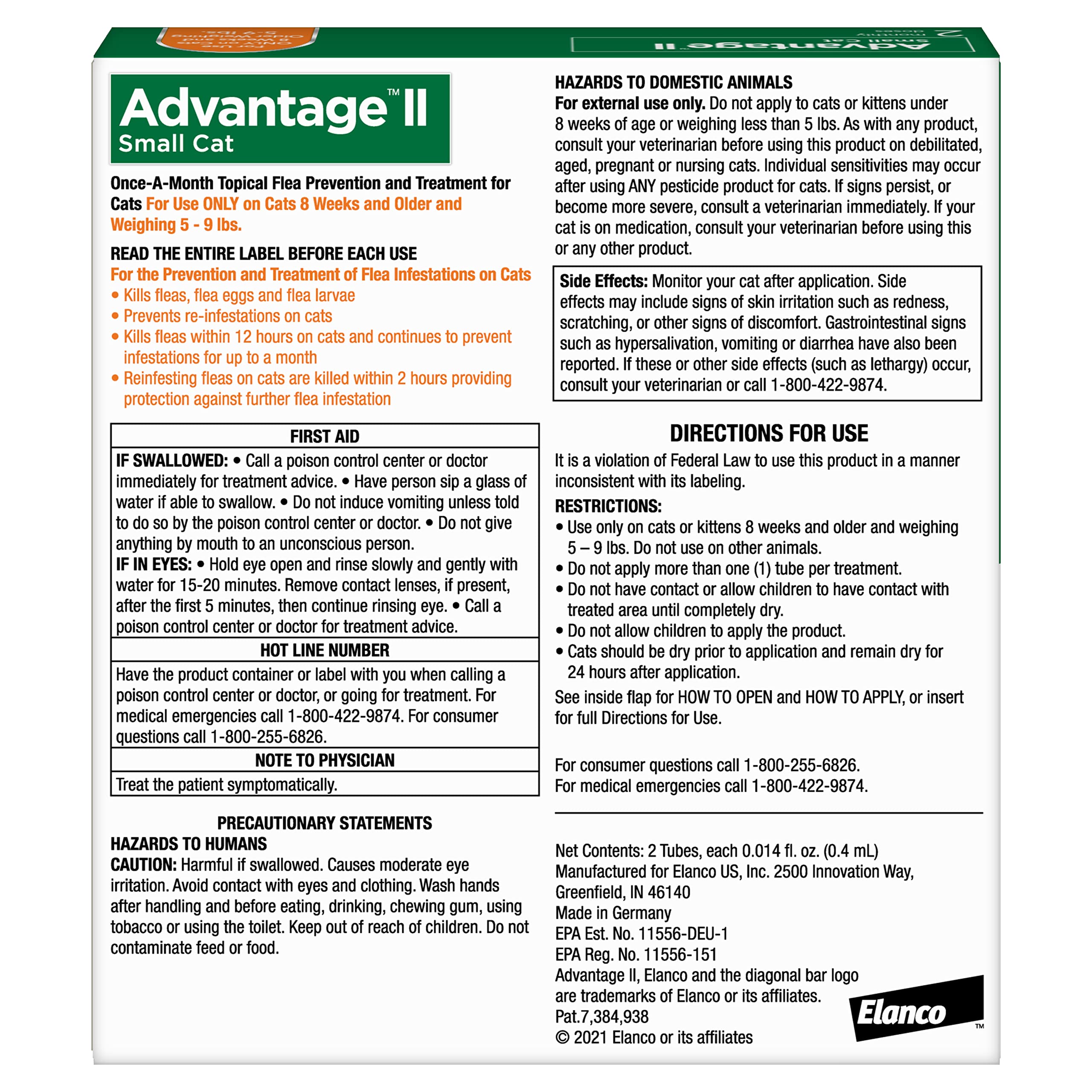 Advantage II Small Cat spot-on tube shown for neck area with monthly protection.