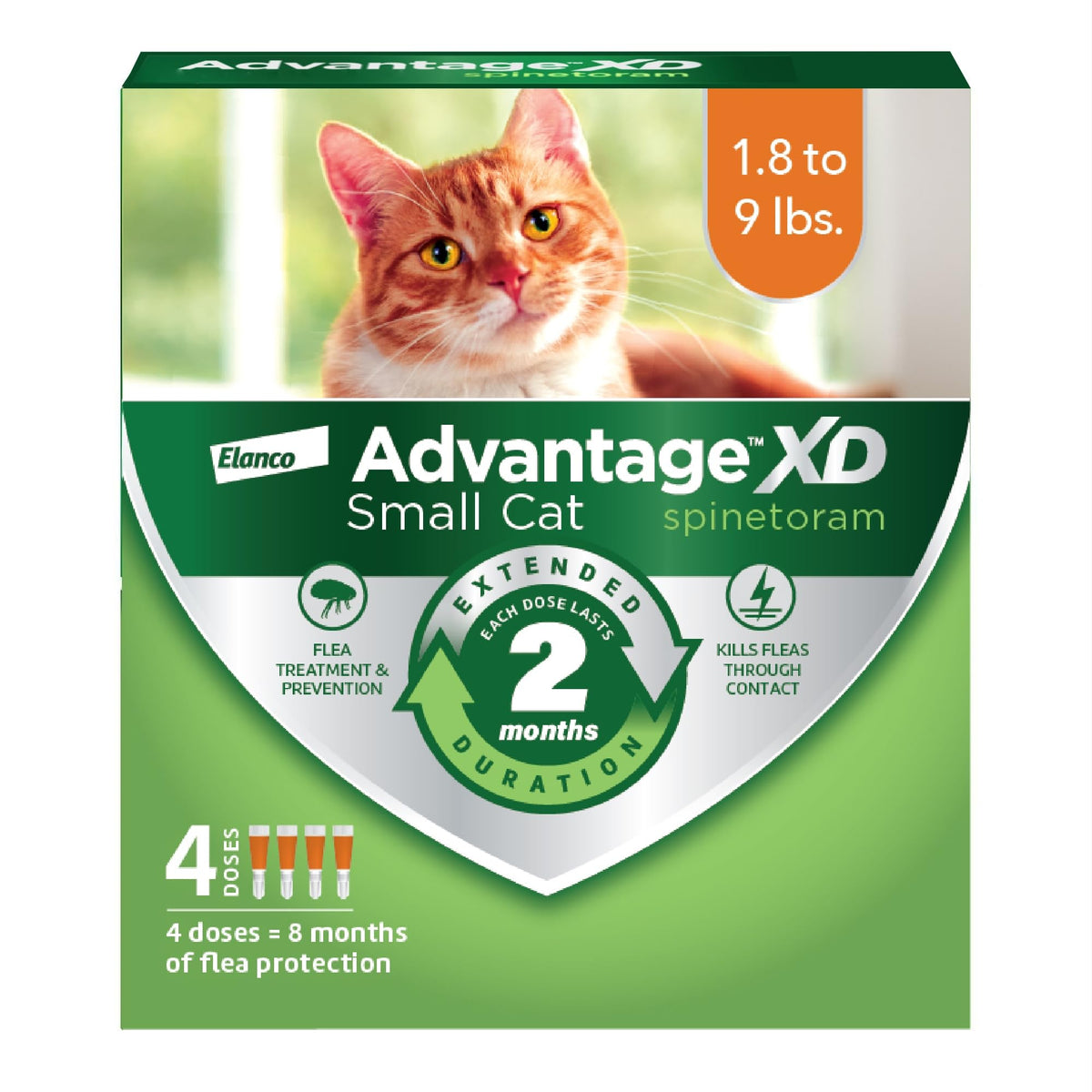 Advantage XD packaging and applicator showing quick, OTC flea protection for small cats.