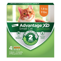 Advantage XD packaging and applicator showing quick, OTC flea protection for small cats.
