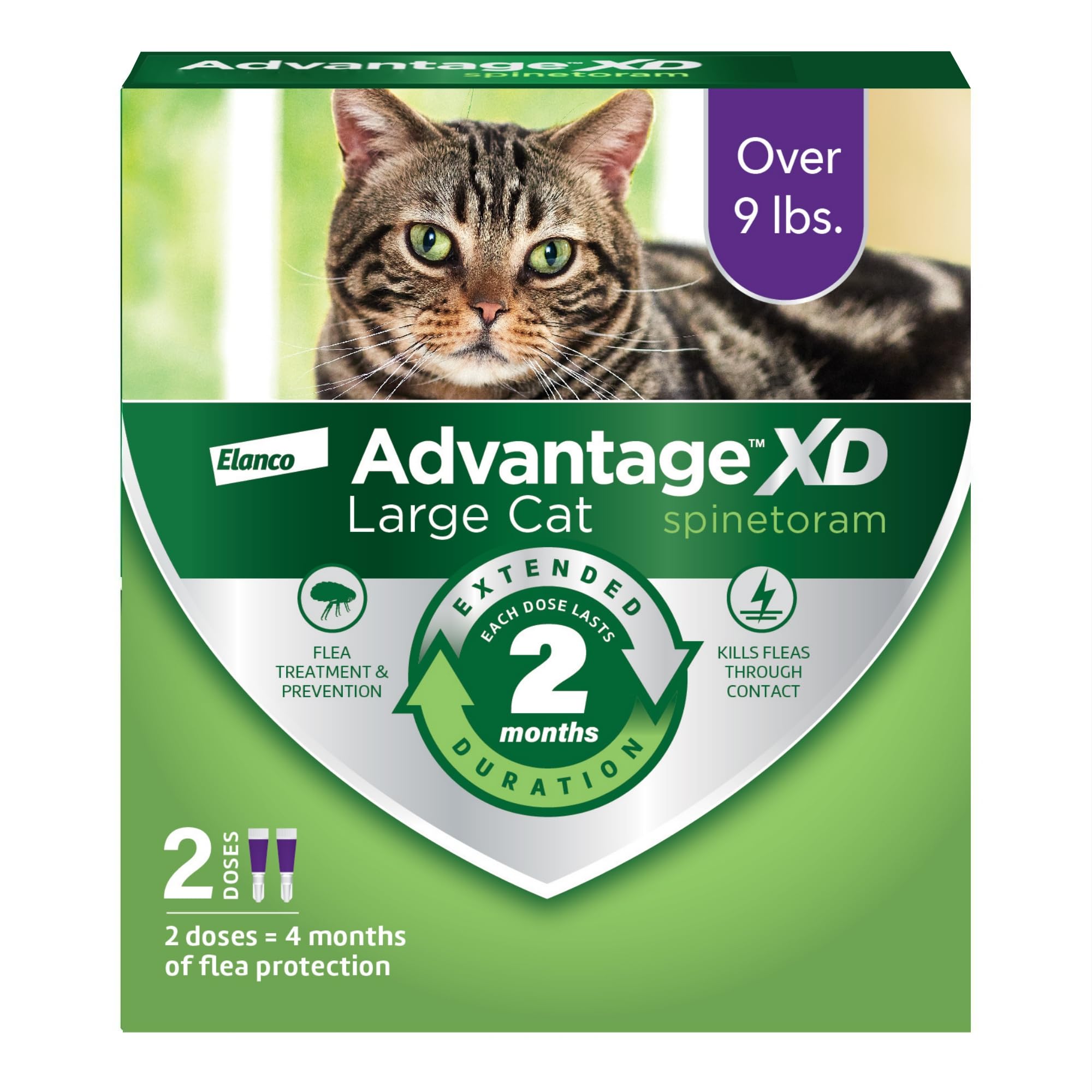 Advantage XD large-cat flea treatment pack showing extended protection for cats over 9 lbs.