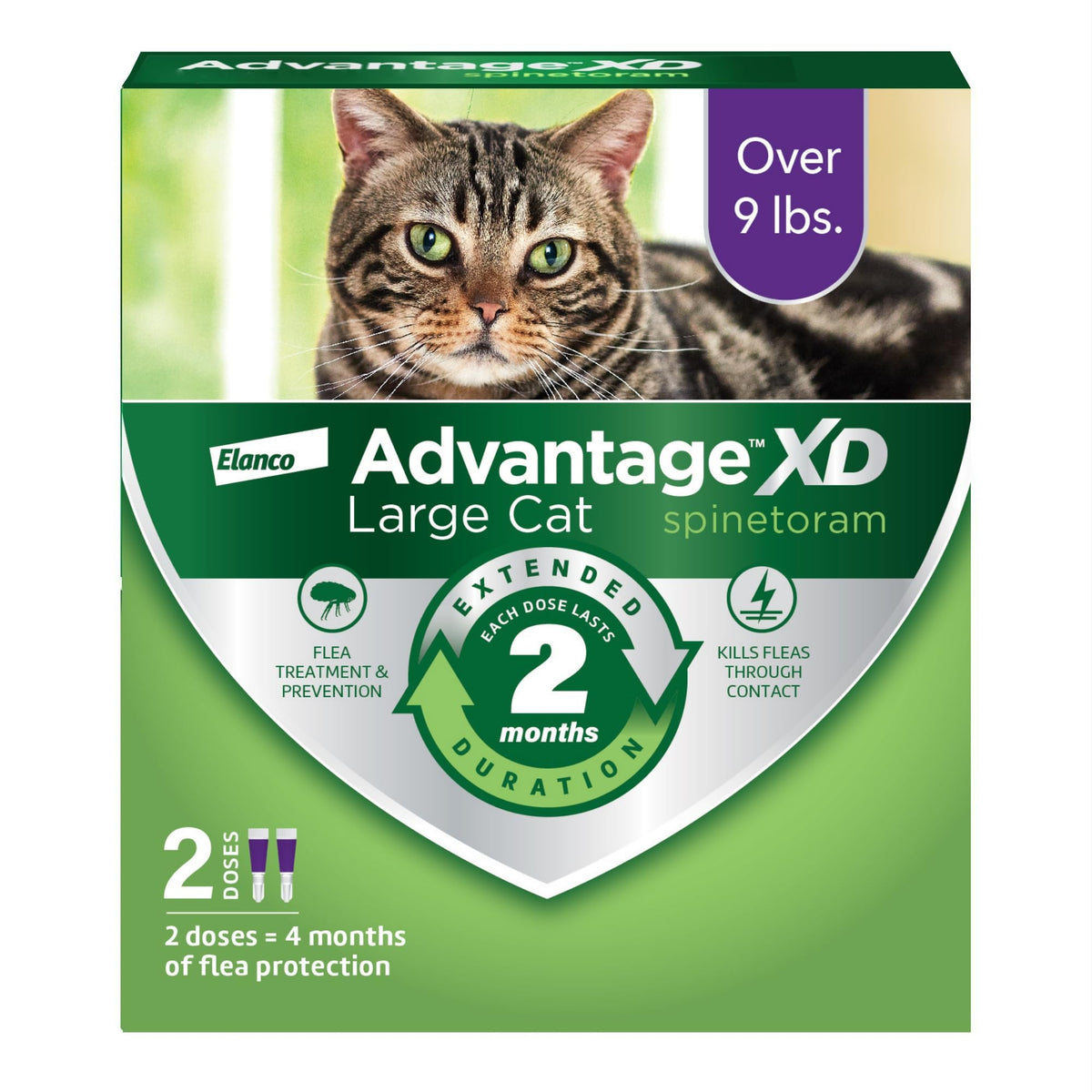 Advantage XD large-cat flea treatment pack showing extended protection for cats over 9 lbs.