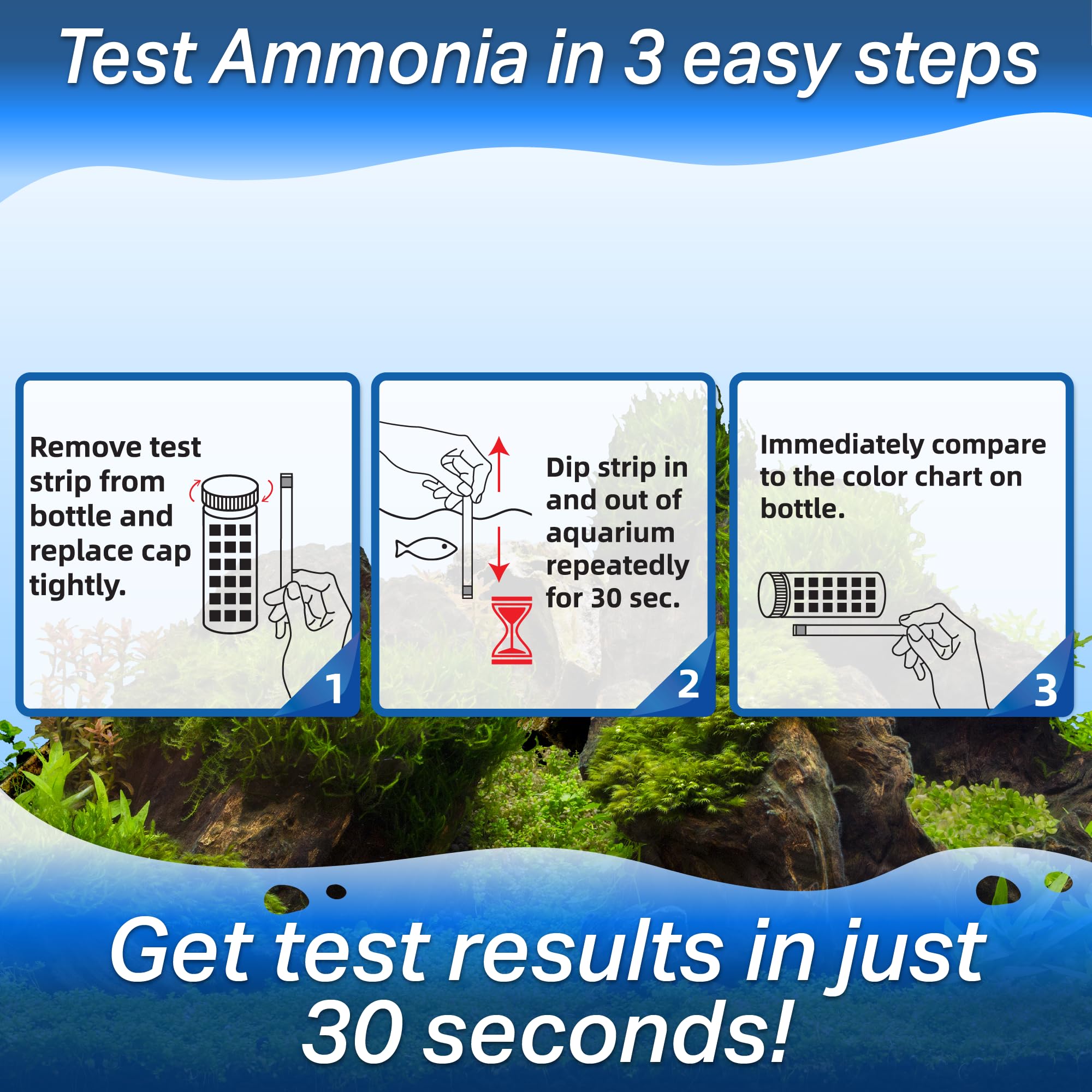 Advatec ammonia test strip color chart shown for fast, accurate result interpretation.