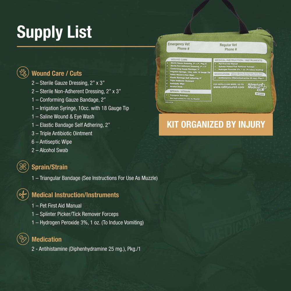Adventure Medical Kits compact 12-ounce dog first aid pack for light travel.