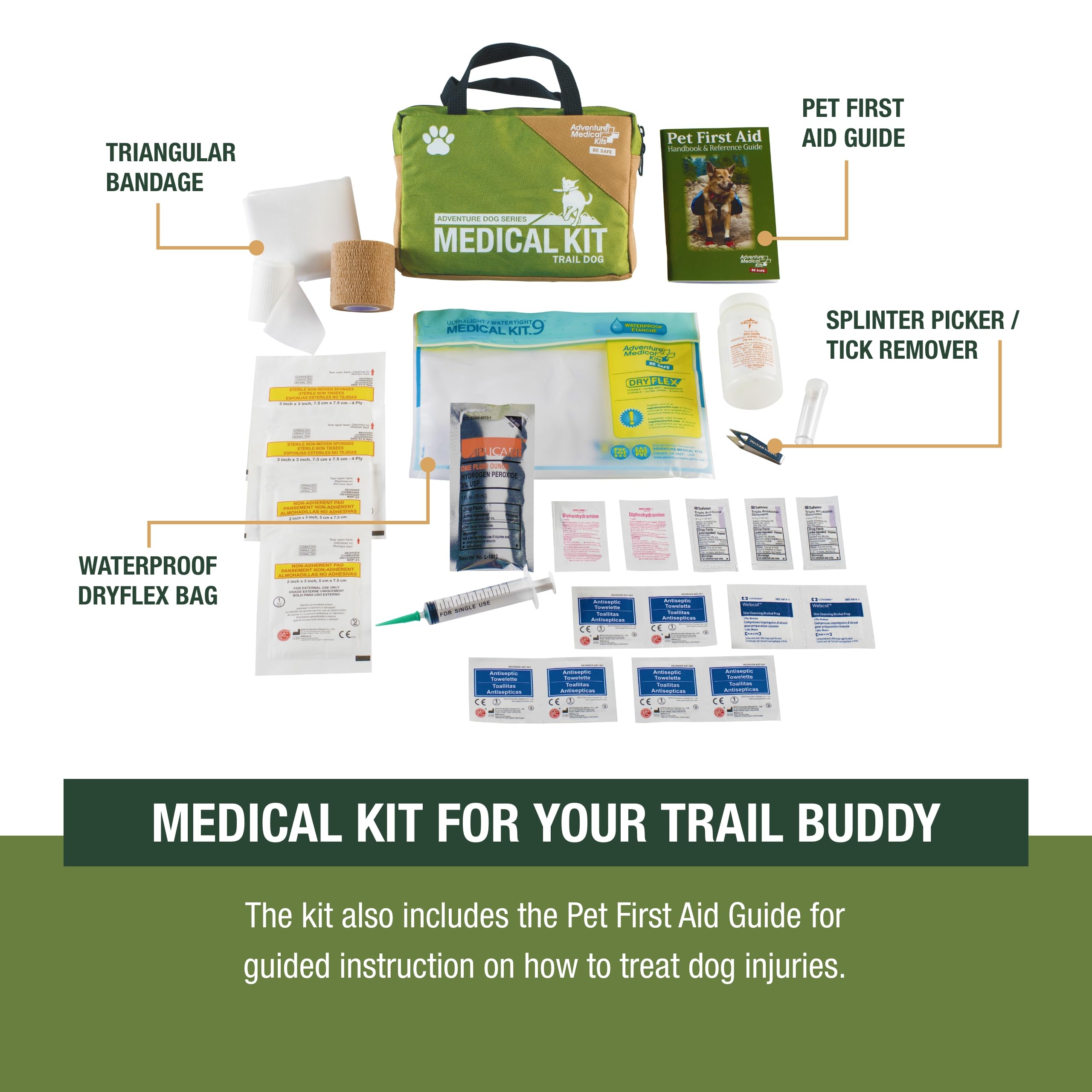 Adventure Medical Kits DryFlex waterproof bag keeps contents dry in rain.