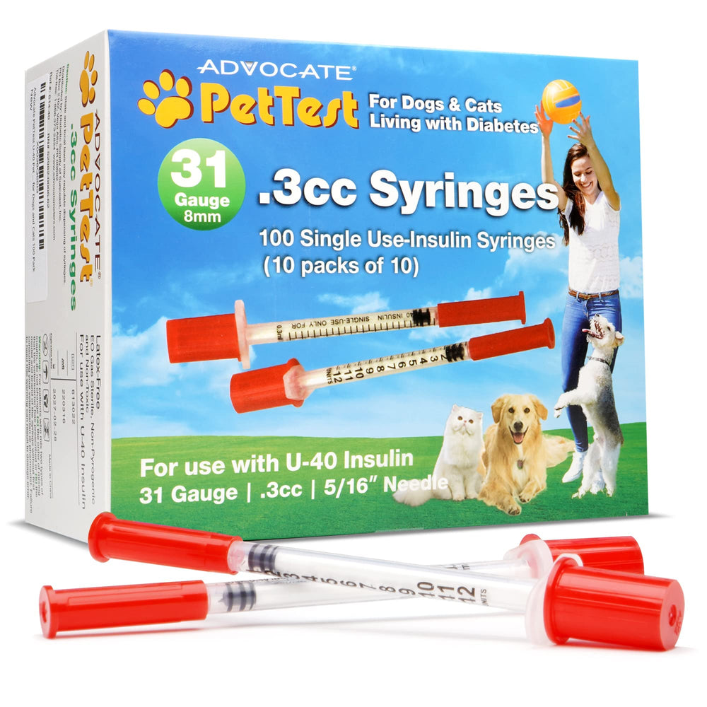 Advocate PetTest U-40 insulin syringes in a 100-pack for at-home pet diabetes care.
