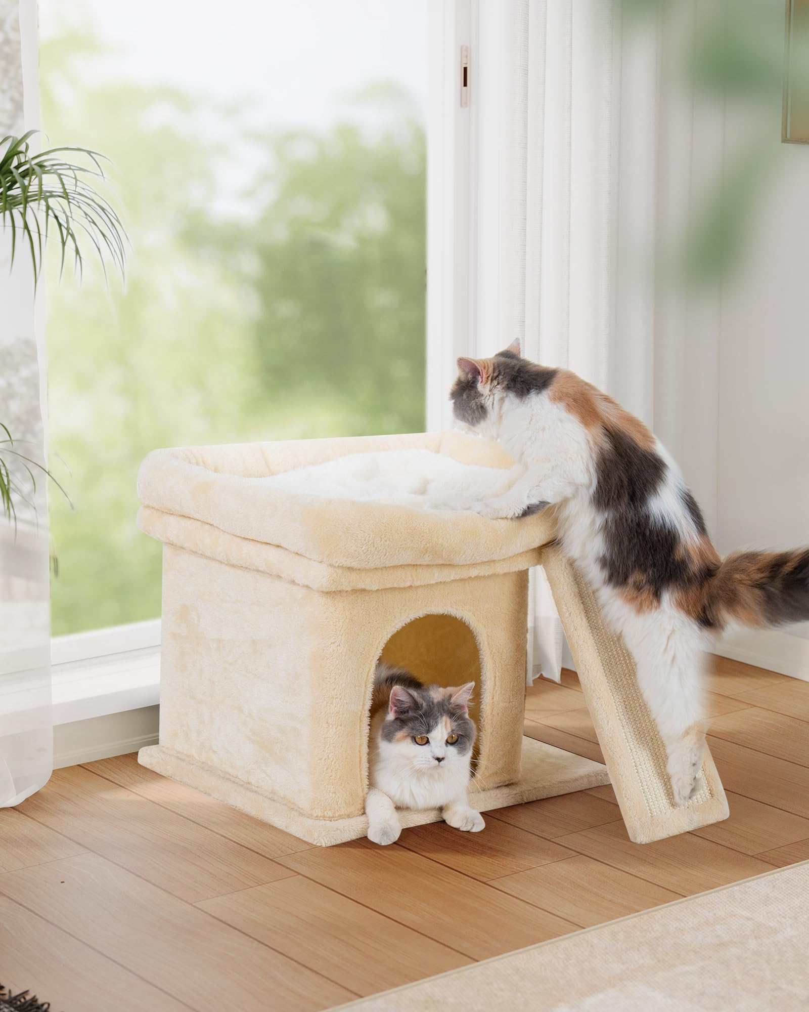 Aechonow cat tree beige finish blends with home decor and cat comfort.