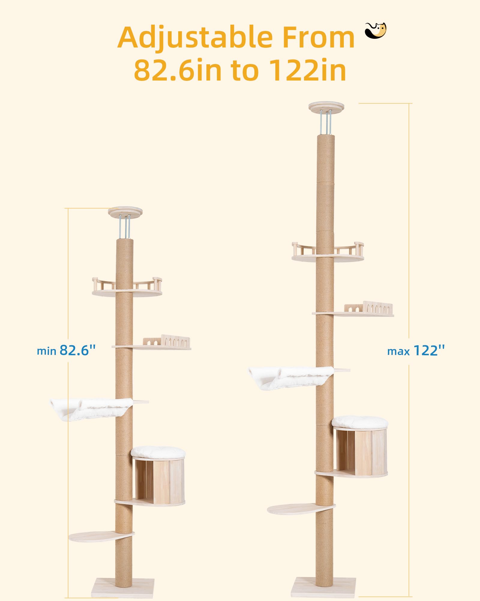 Aechonow cat-tree adjustable height from 82.6 to 122 inches to fit ceilings