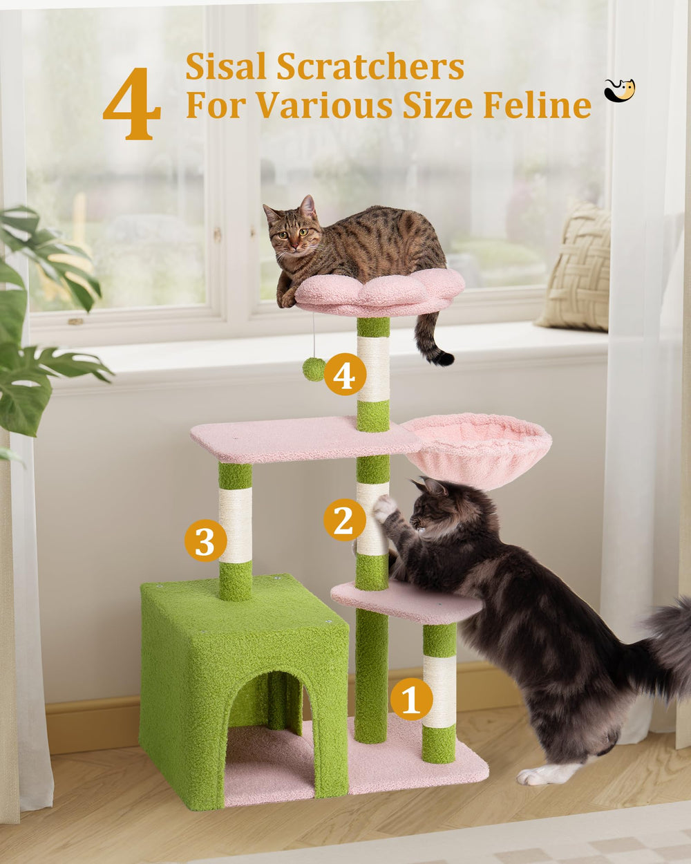 Aechonow cat-tree with four natural sisal posts supports healthy scratching and play.