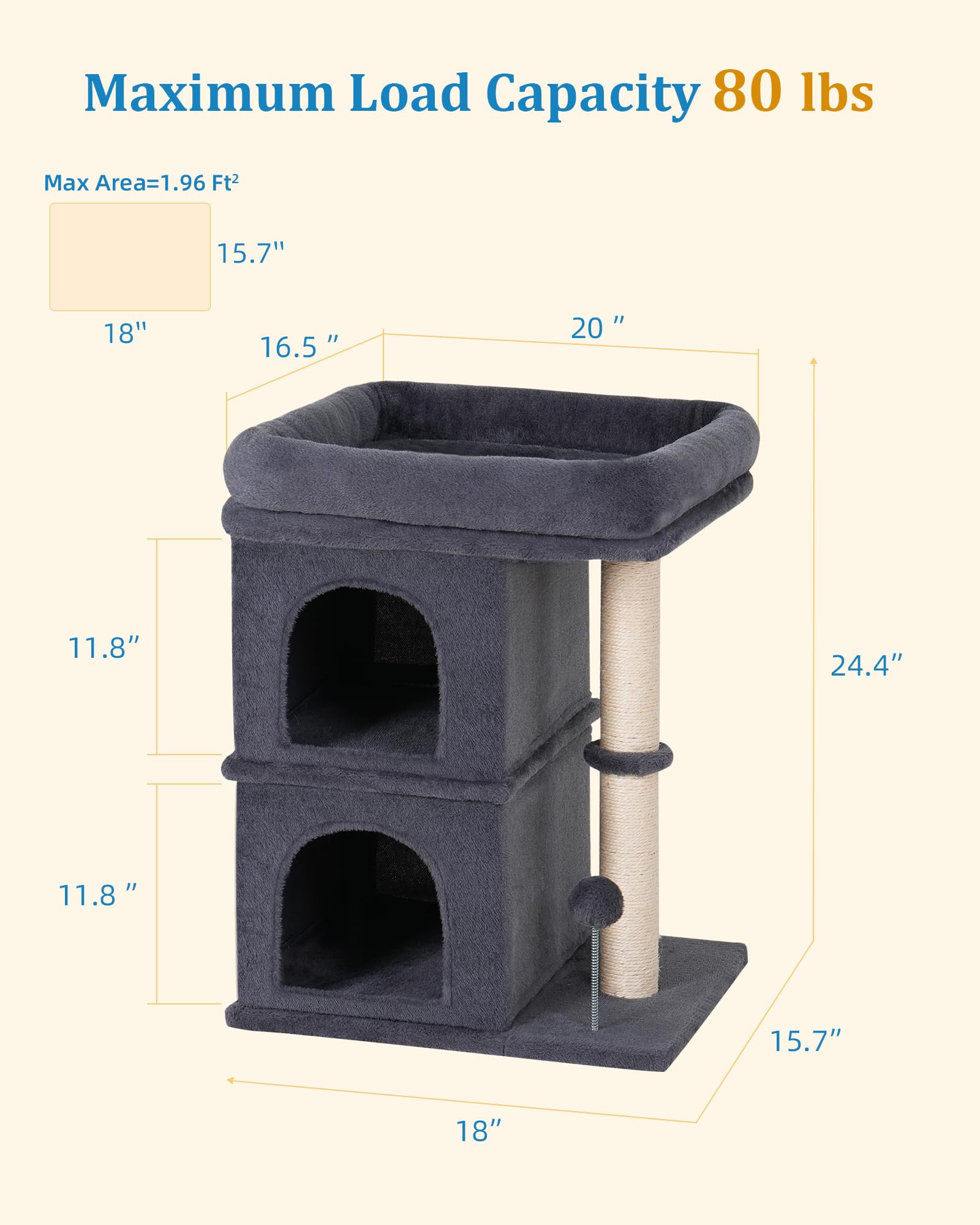 Aechonow cat tree sturdy base 18x15.7in keeps larger cats steady.
