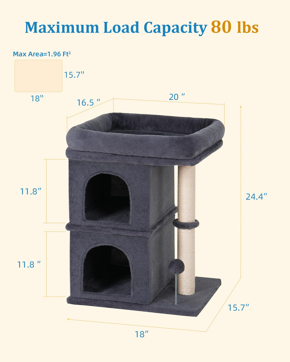 Aechonow cat tree sturdy base 18x15.7in keeps larger cats steady.