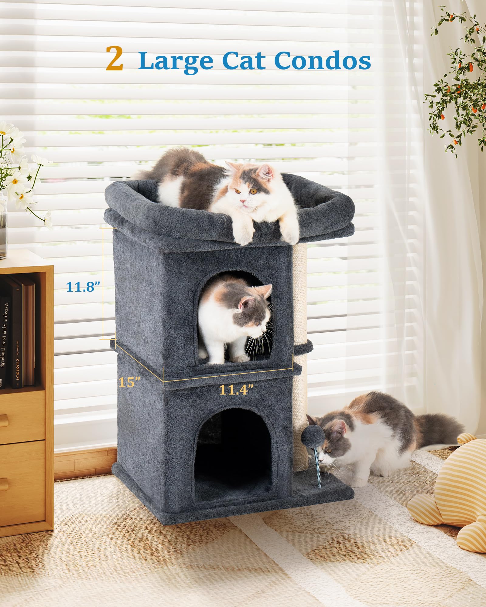 Aechonow cat tree with two condos gives privacy and resting space.