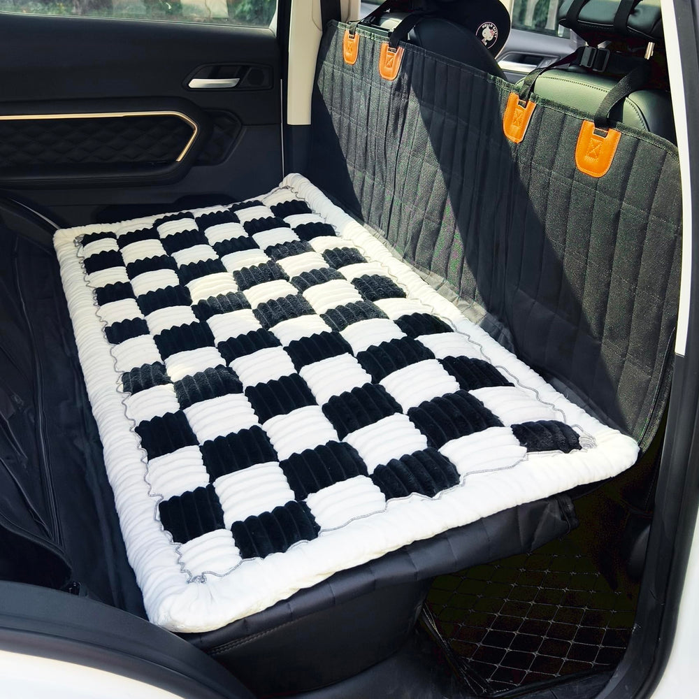 AEEISHOMEREFORM backseat pet bed mat in black and white protects car seats during travel.