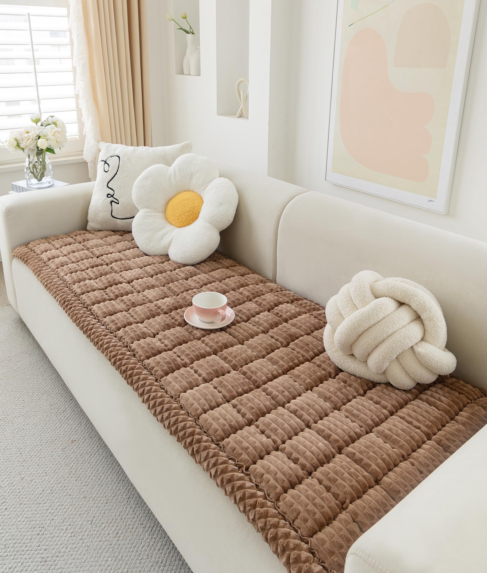 AEEISHOMEREFORM couch cover in dark coffee on a three-cushion sofa protecting from spills and fur