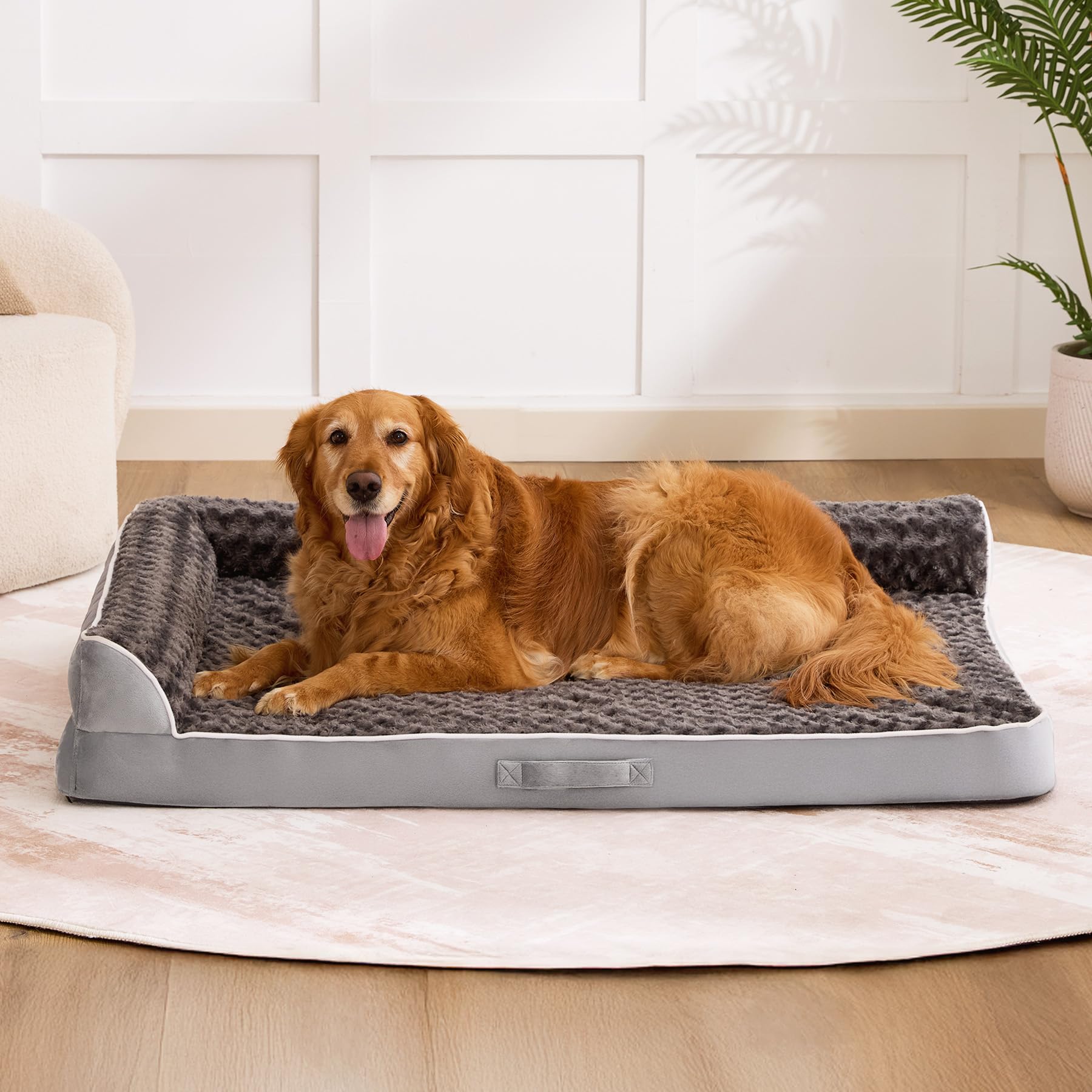 Aeroluxe dog bed in grey fabric that blends with home decor.