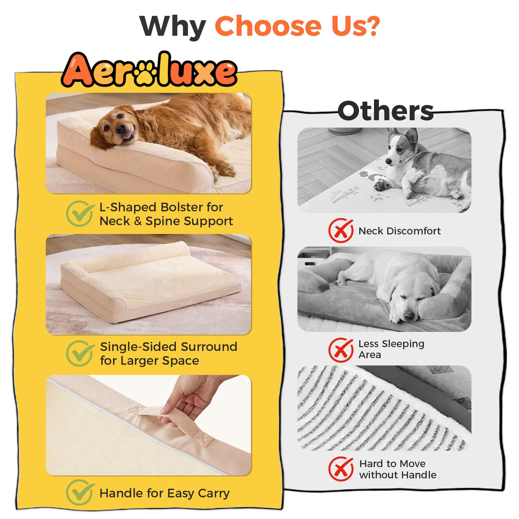Aeroluxe dog bed with L-shaped bolster provides neck and head support.
