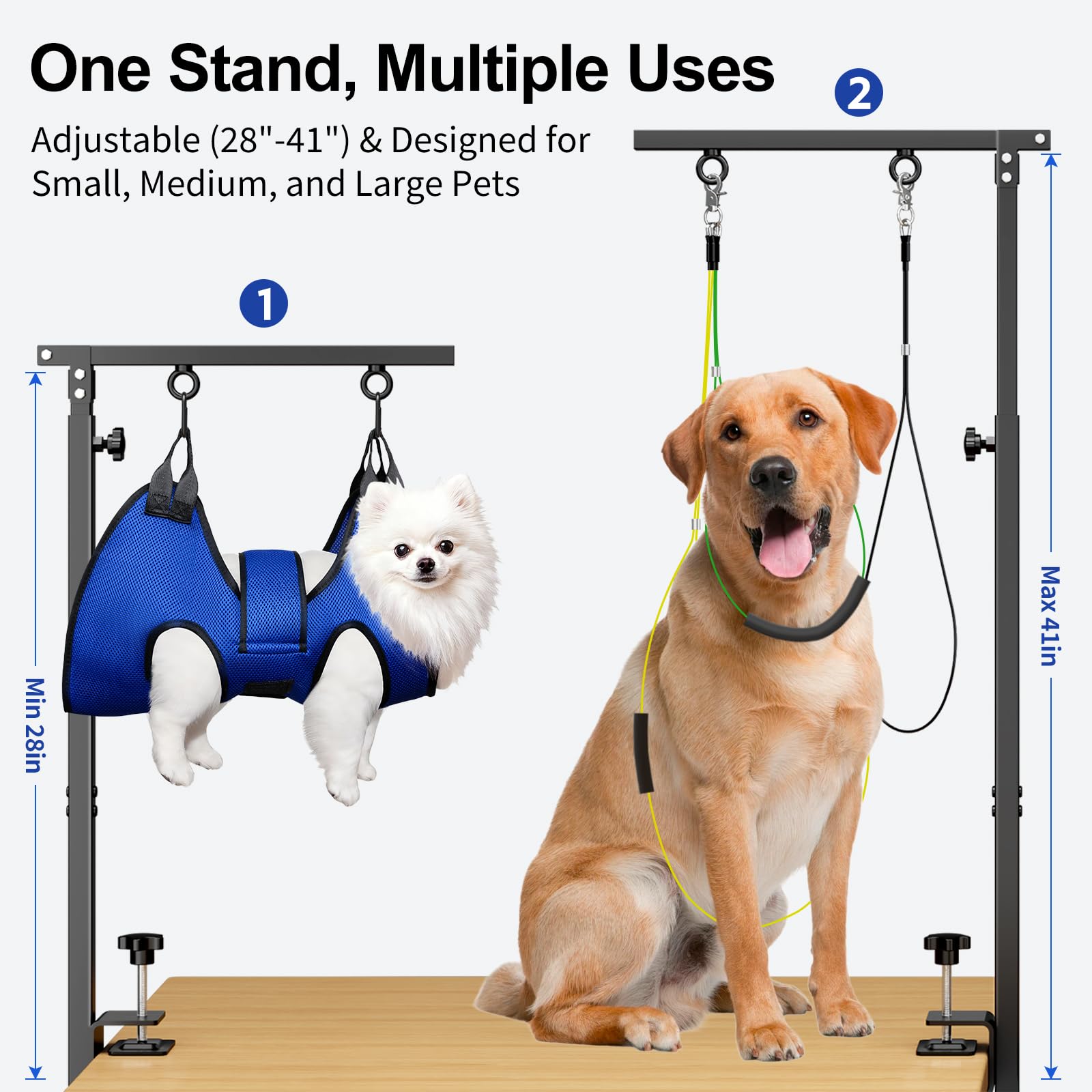Aetherika hammock with Velcro straps secures a dog during grooming.