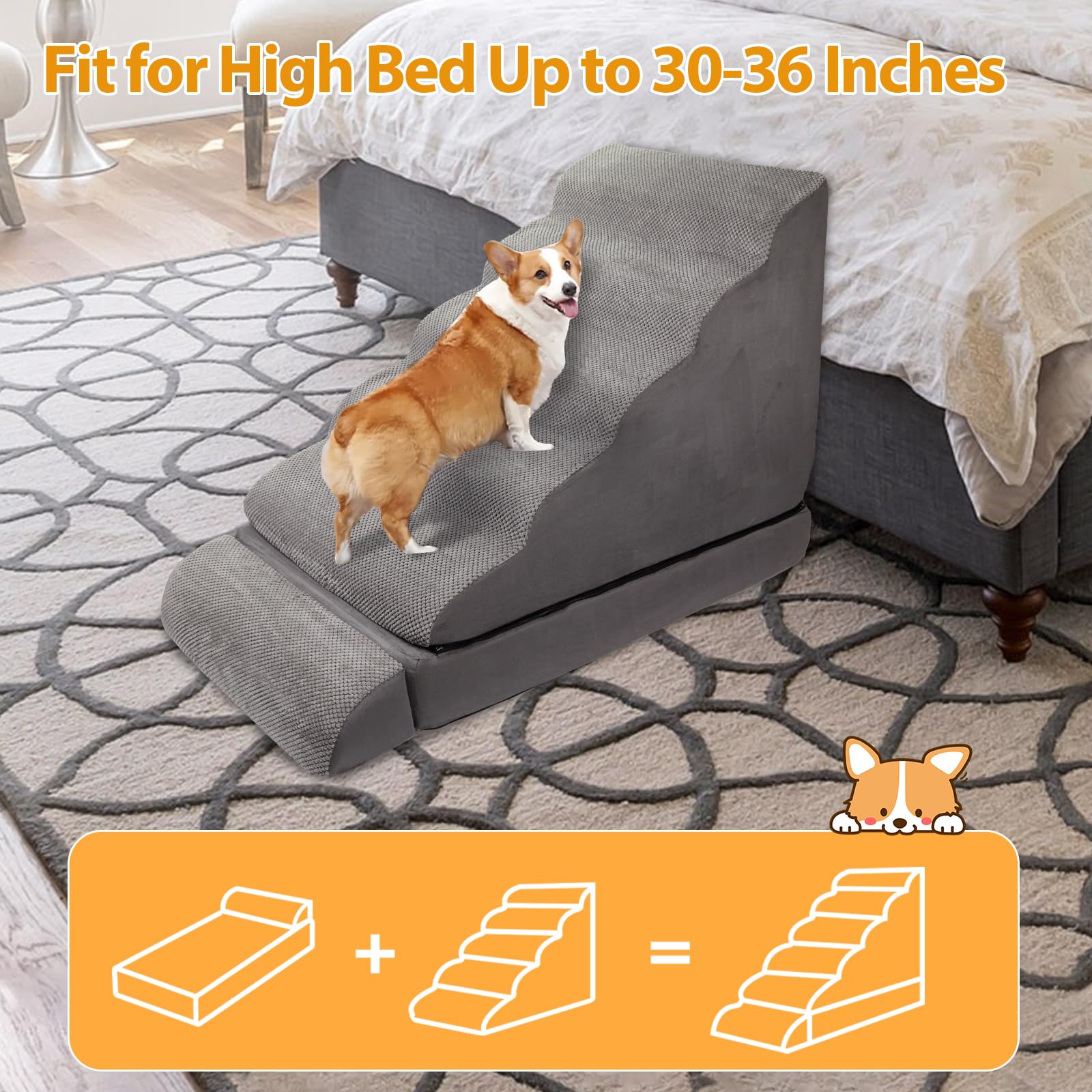 A.FATI dog bed one-step configuration provides a compact resting spot near furniture