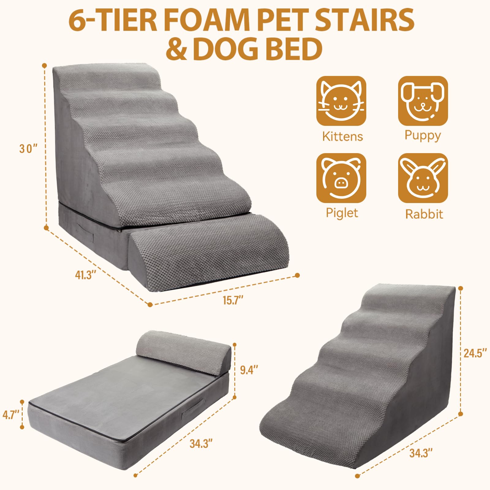 A.FATI five-step pet stairs gray for 24-28 inch bed heights