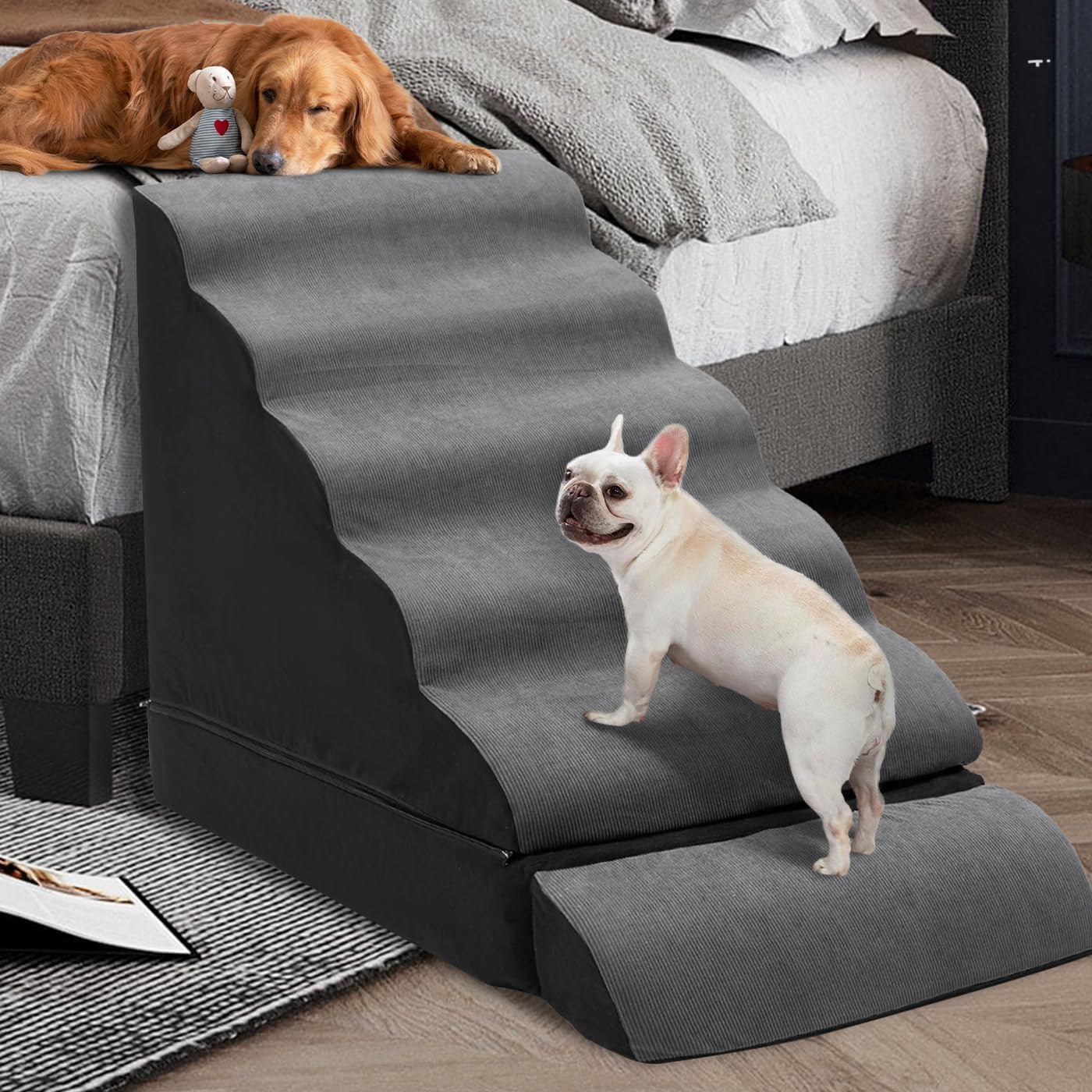 A.FATI dog stairs 6-step assembly demonstrates full 30-inch height access for high beds