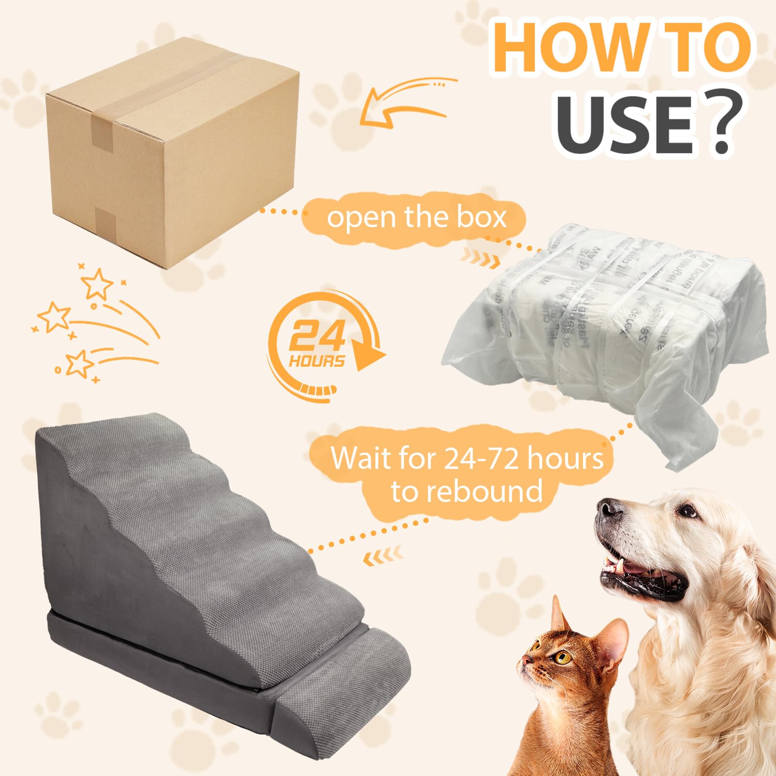 A.FATI stairs in use beside a bed showing easy access for older dogs