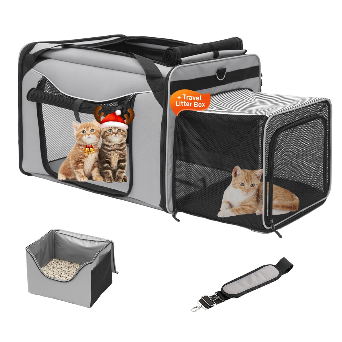A.FATI expandable cat carrier front view demonstrates secure seatbelt attachment for car trips.