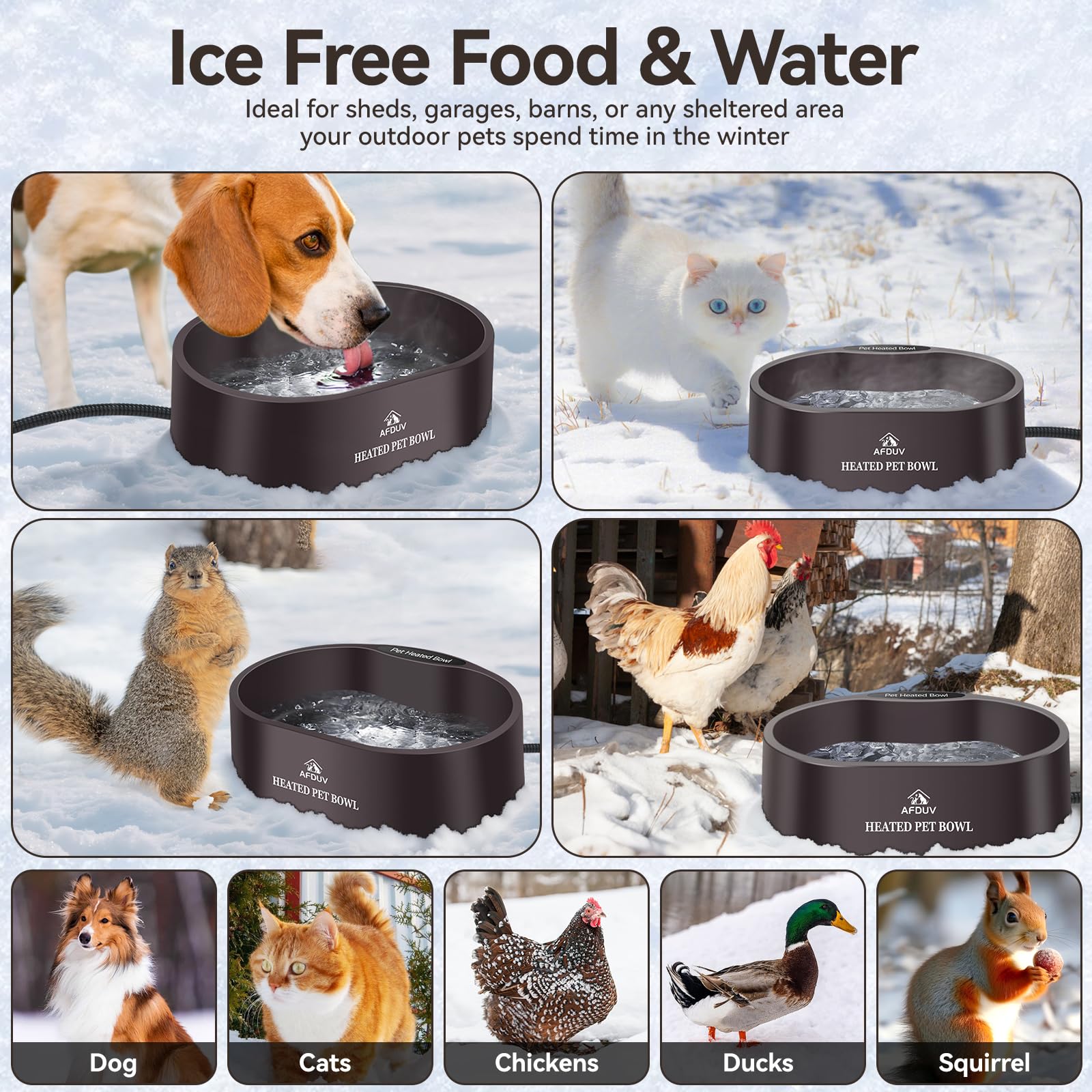 AFDUV heated water bowl anti-chew cord enhances outdoor durability and safety.