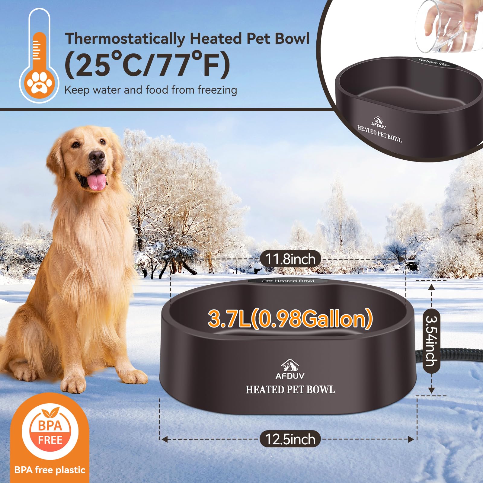 AFDUV heated water bowl thermostat control maintains safe water temperature for pets.