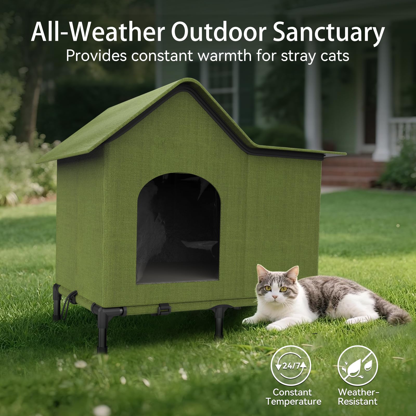 AFEIOFT heated outdoor cat house side view shows quick tool-free setup for busy yards