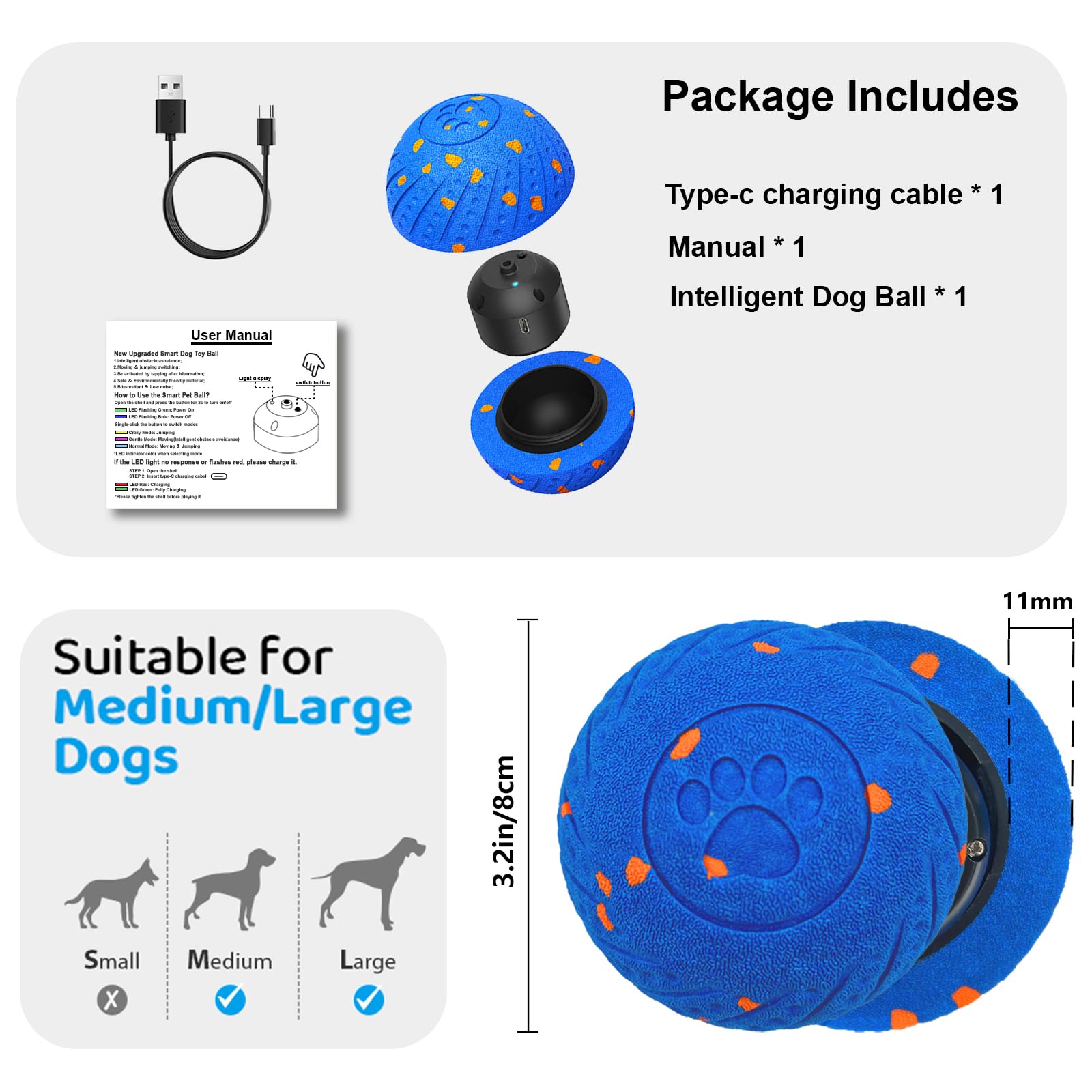 Affiuya type-C rechargeable dog ball blue charges quickly for long sessions.