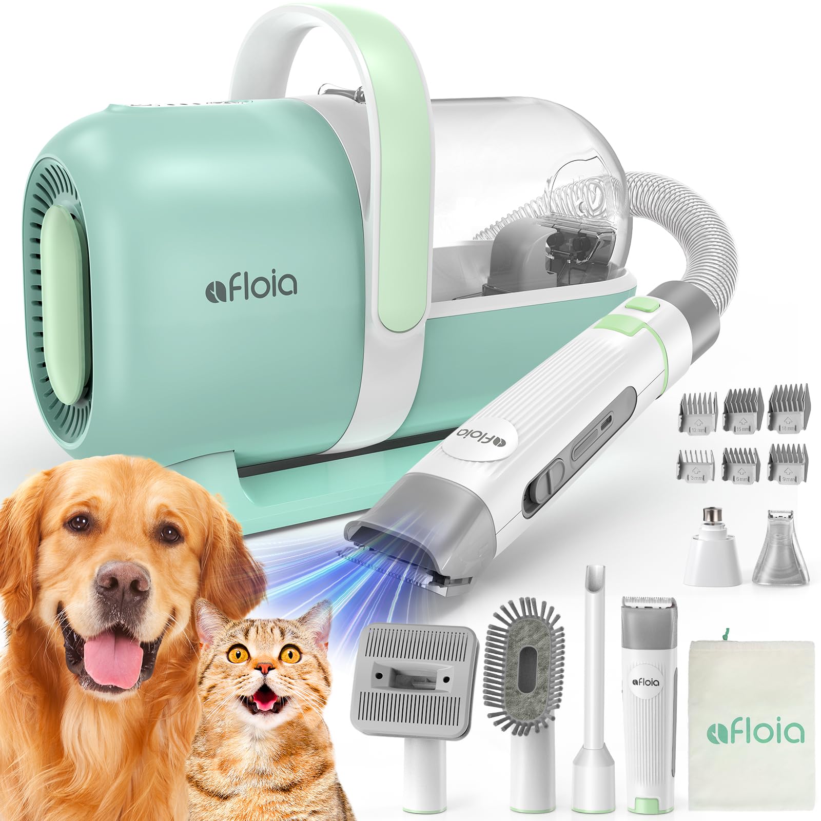 Afloia dog grooming kit suction close-up shows mess-free grooming with hair captured.