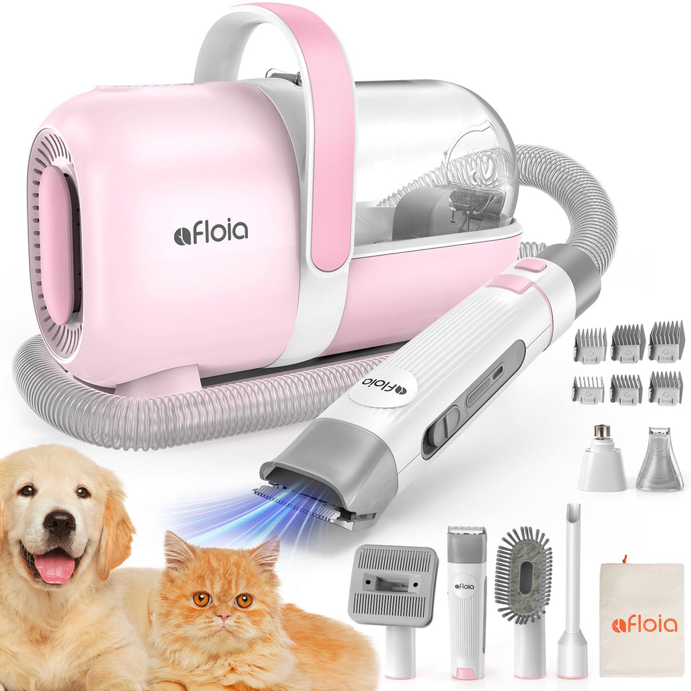 Afloia dog grooming kit vacuum suction captures fur to reduce mess during grooming.