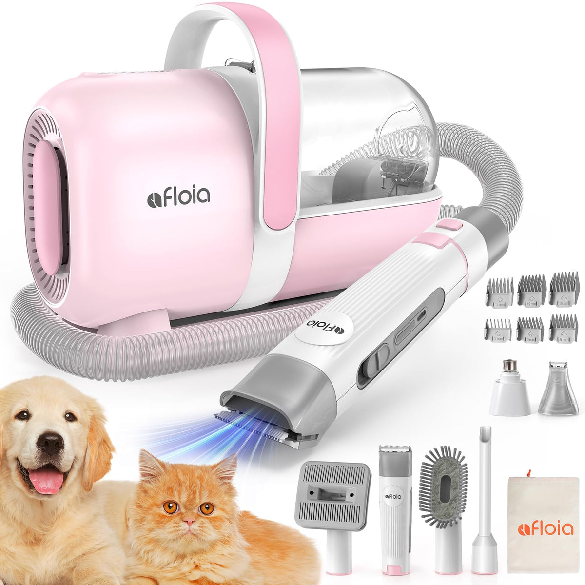 Afloia dog grooming kit vacuum suction captures fur to reduce mess during grooming.