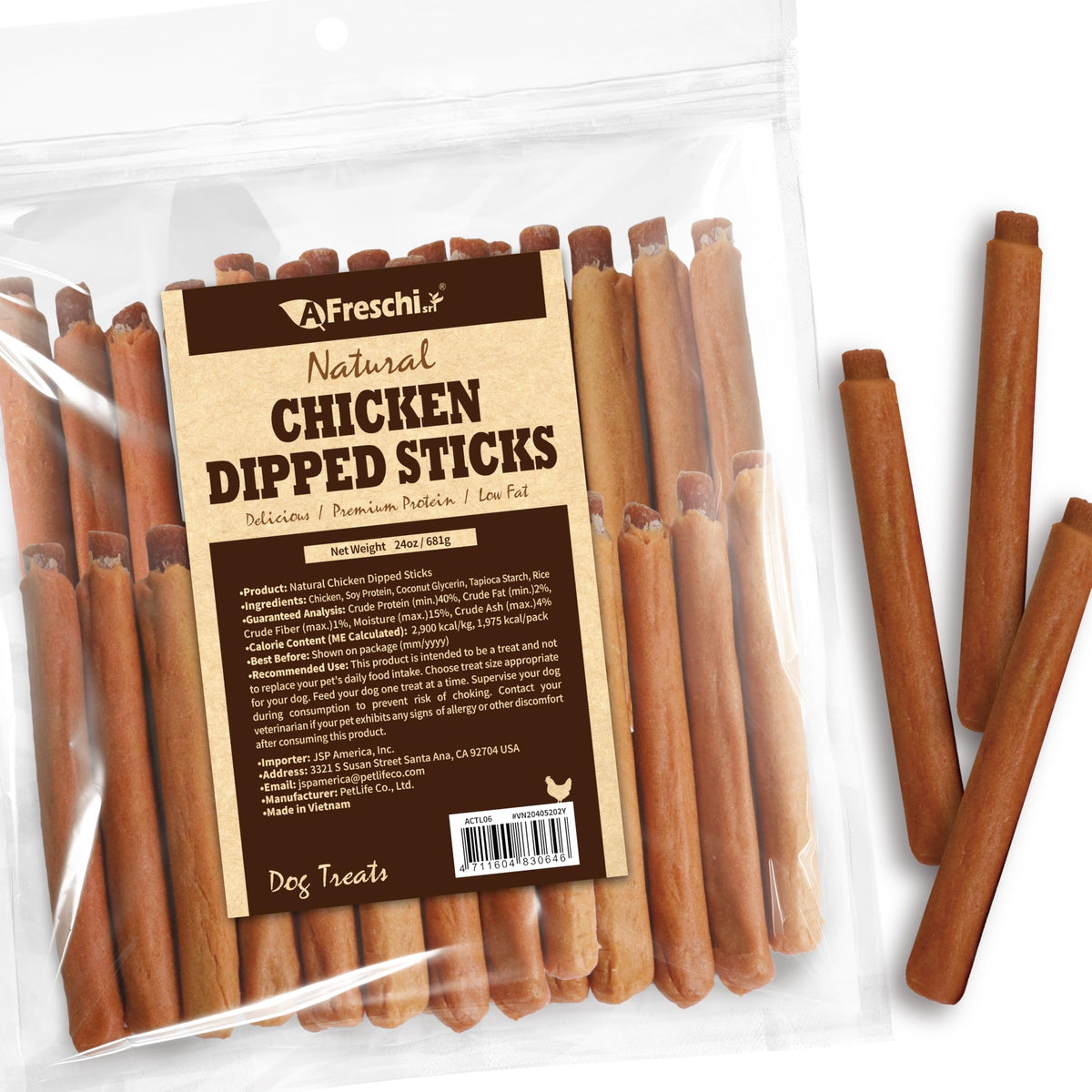 Afreschi Chicken Dog Treats pack-front showcases grain-free, low-fat rewards for daily training.