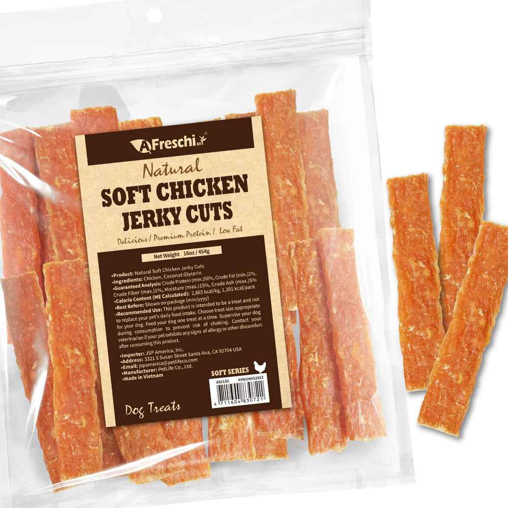 A Freschi Afreschi soft chicken dog treats packaging showing resealable pouch for easy rewards.
