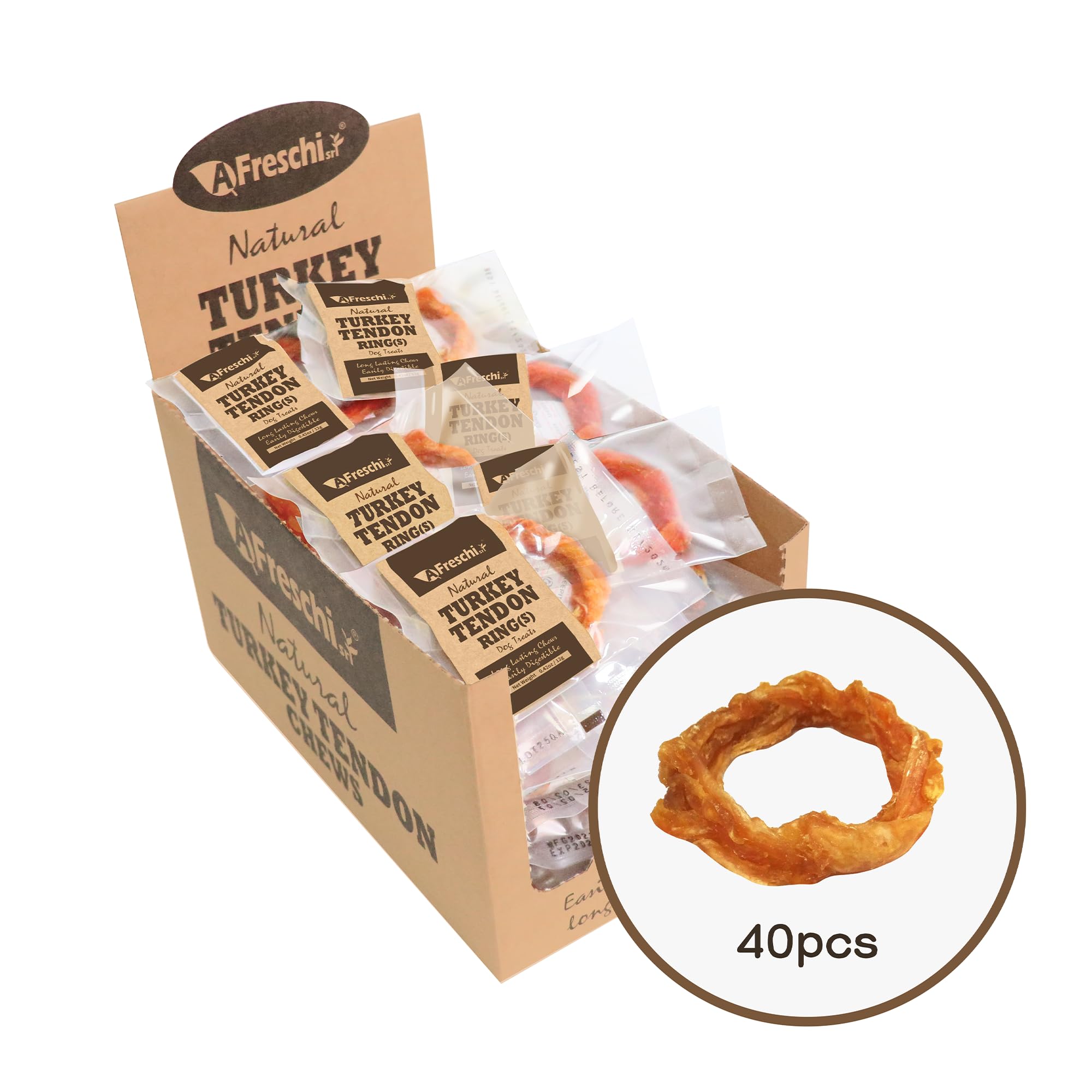 A Freschi srl Turkey Tendons dog chew closeup, long-lasting flavor for moderate chewers.