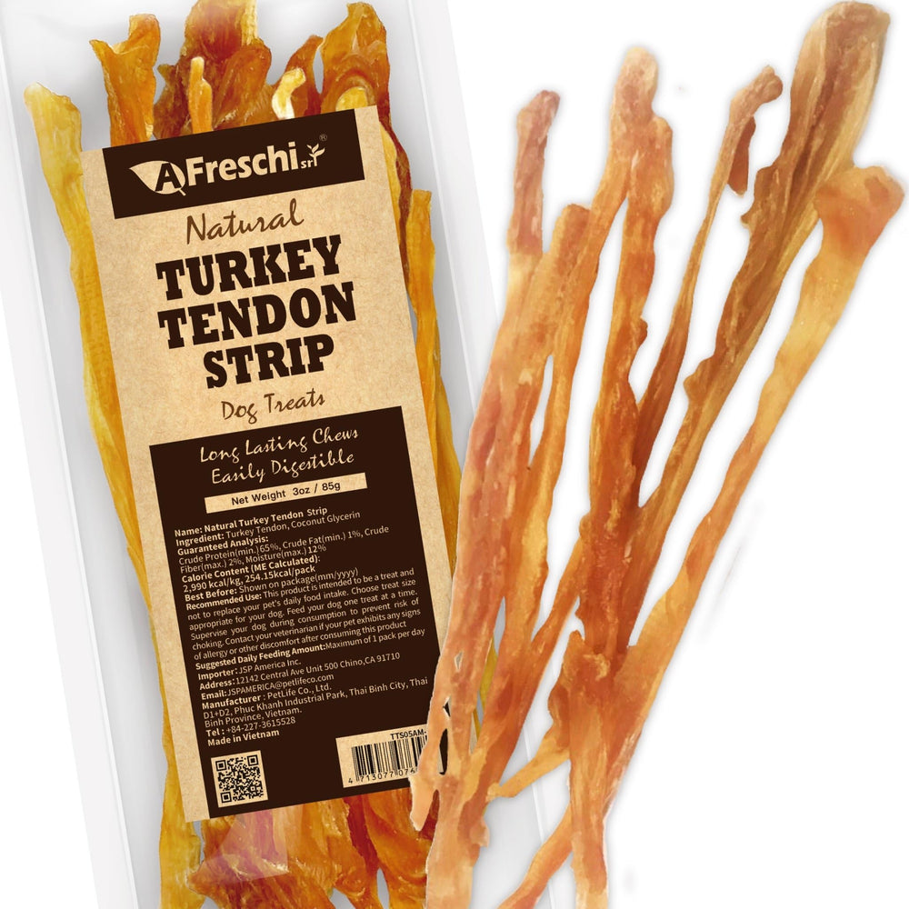 A Freschi srl turkey tendons dog treat 3oz pack, training reward.