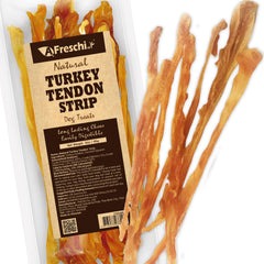 A Freschi srl turkey tendons dog treat 3oz pack, training reward.
