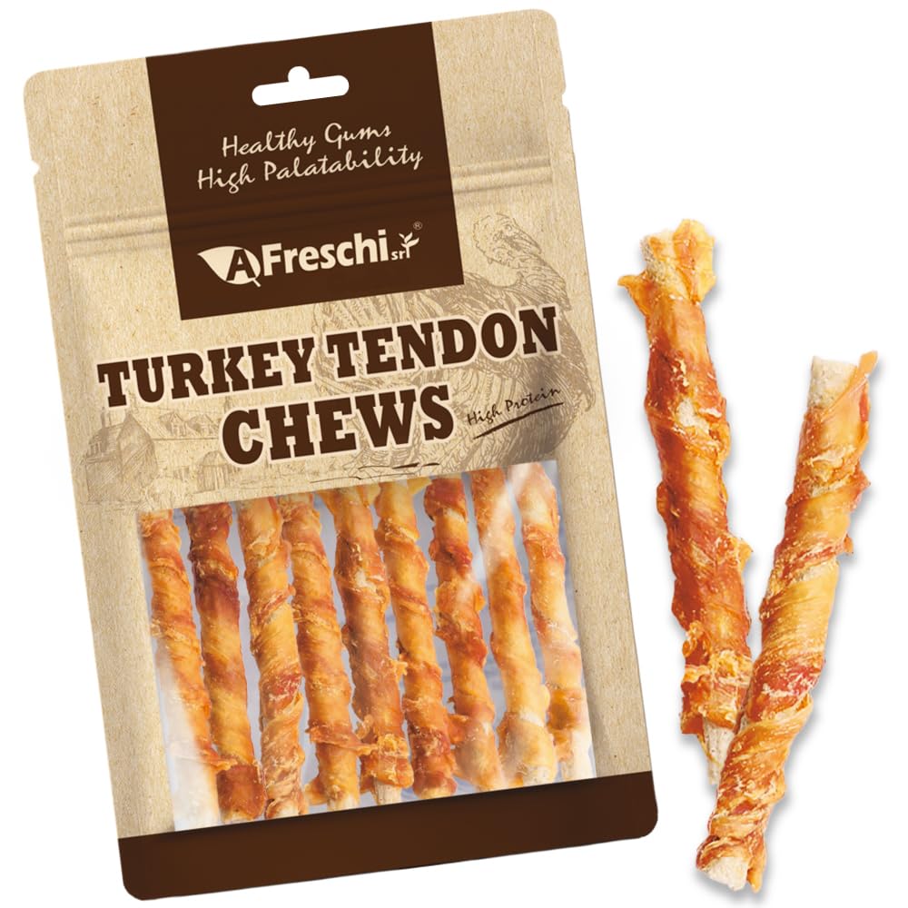 AFreschi Turkey Tendons dog treat pack front showing all-natural ingredients and 3.5 oz size