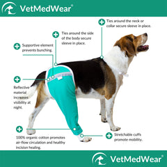 After Surgery Wear dog recovery sleeve teal side view, stays in place during movement