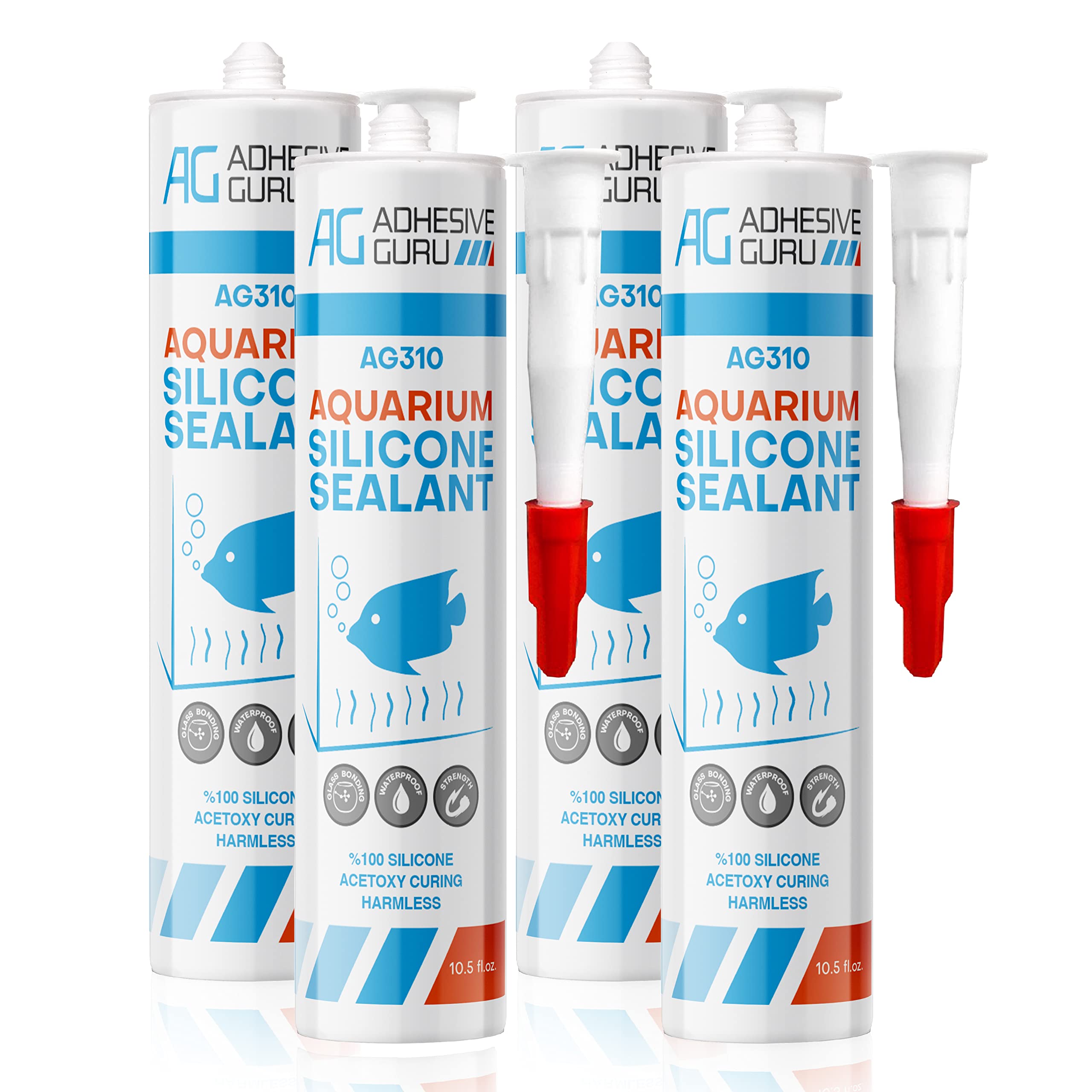 AG Adhesive Guru Aquarium Sealant clear bottle pour shows easy leak sealing for fish tanks.