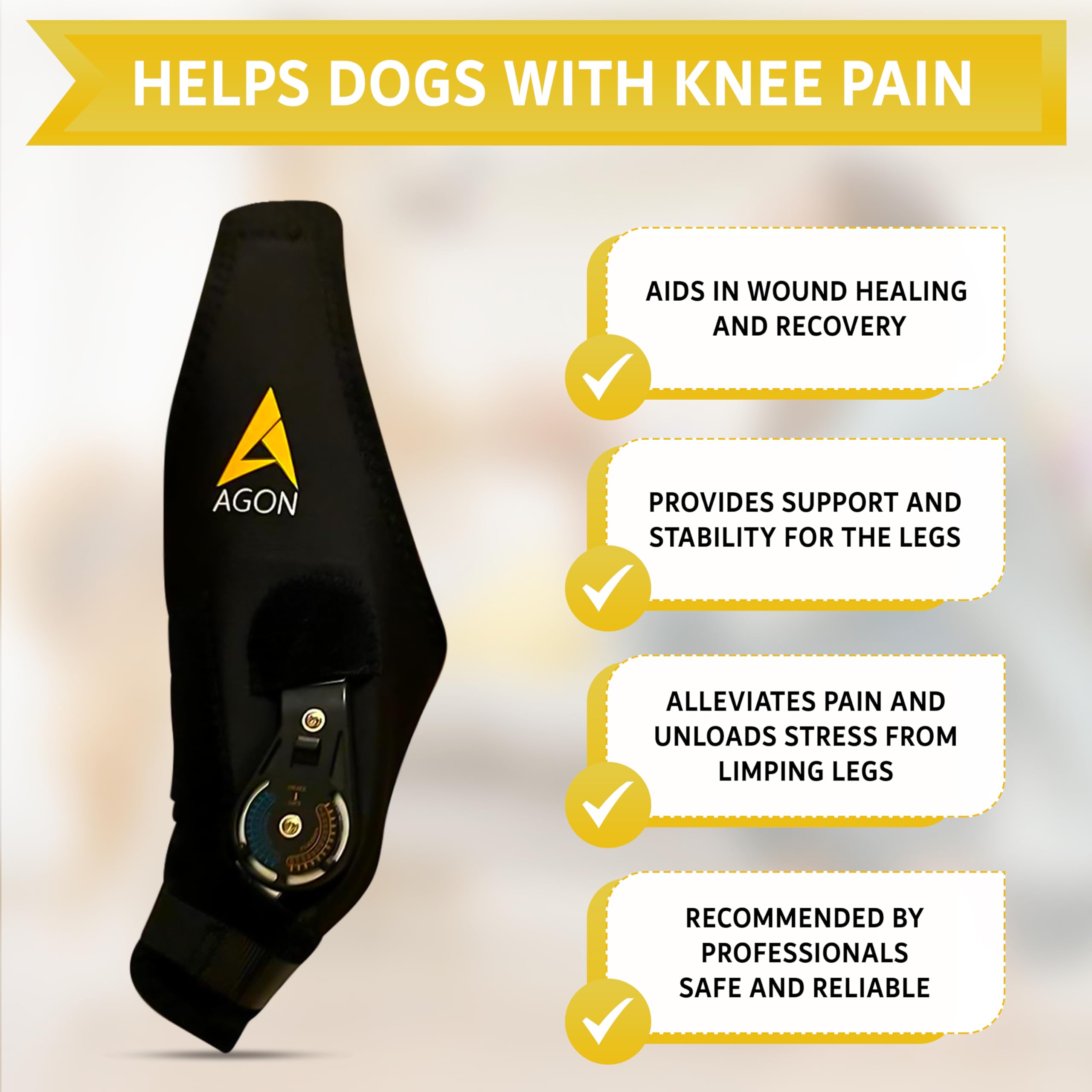AGON dog knee brace supports mobility during exercise or daily activities.